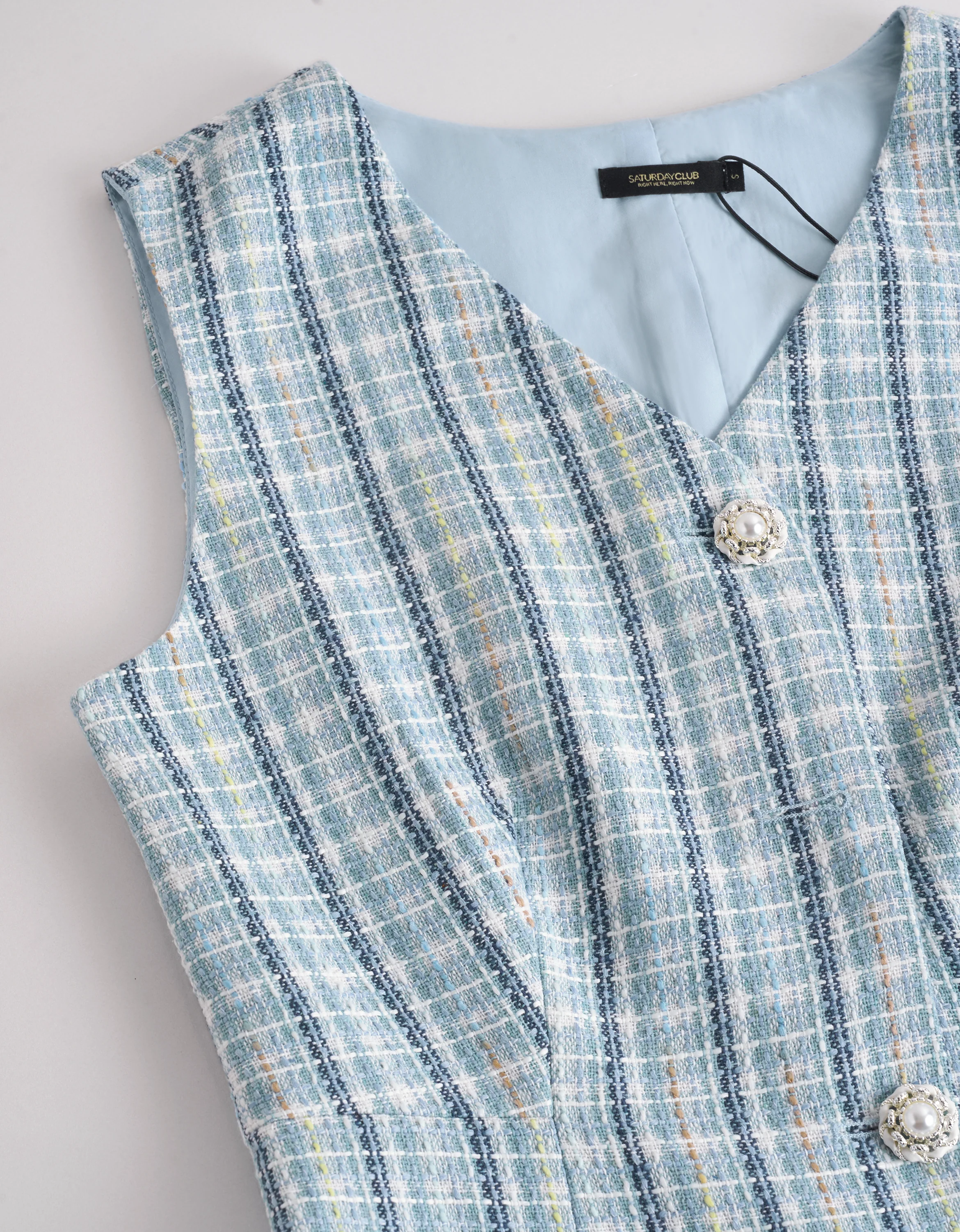Button Front V-neck Plaid Tweed Dress - Image 5
