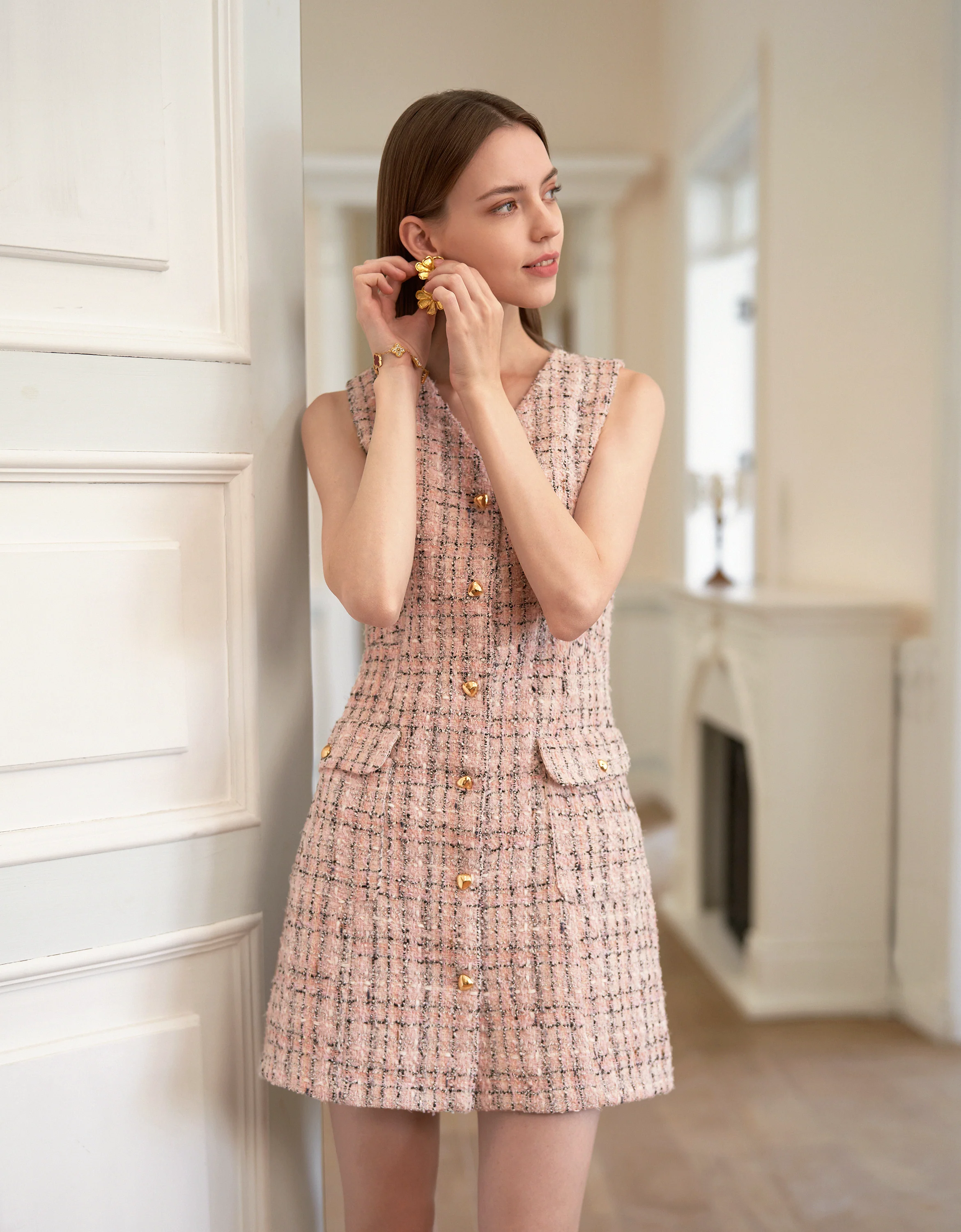 Button Front V-neck Sleeveless Tweed Dress