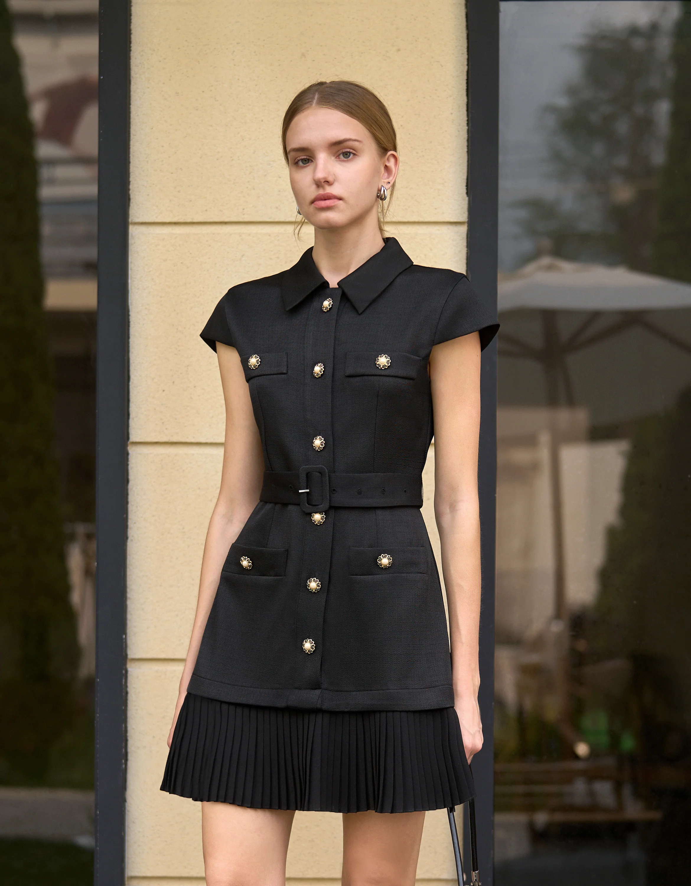 Cap Sleeve Pleated Hem Belted Dress - Image 2