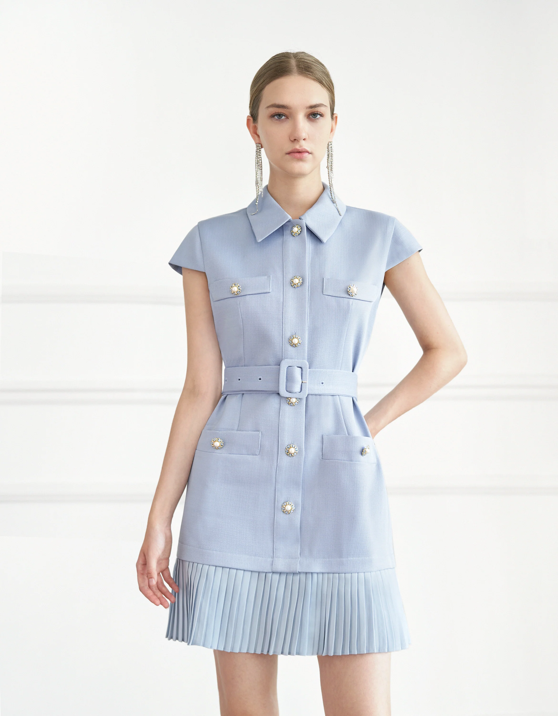 Cap Sleeve Pleated Hem Belted Dress - Image 8
