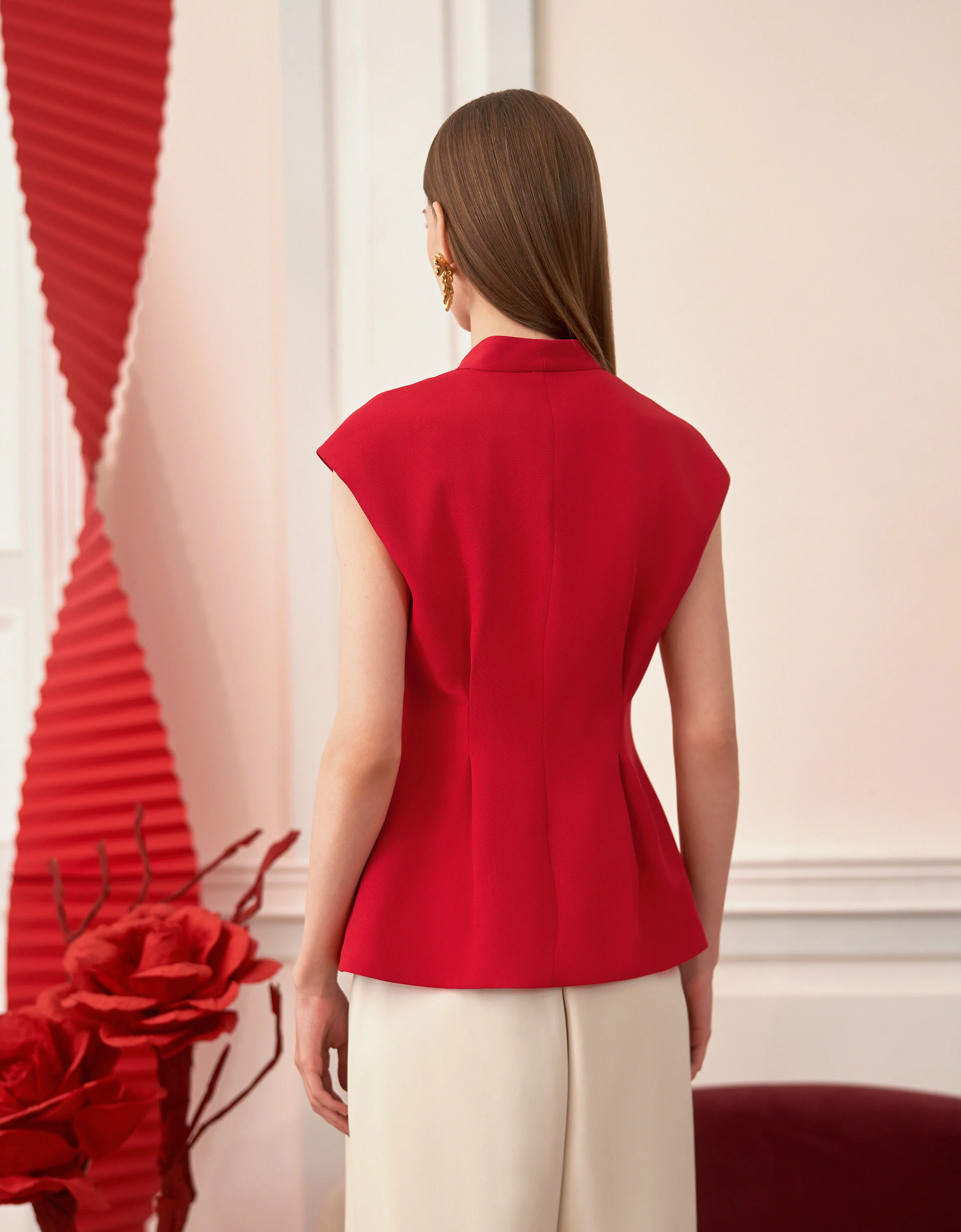 Chinese-style Button Front V-neck Top - Image 4
