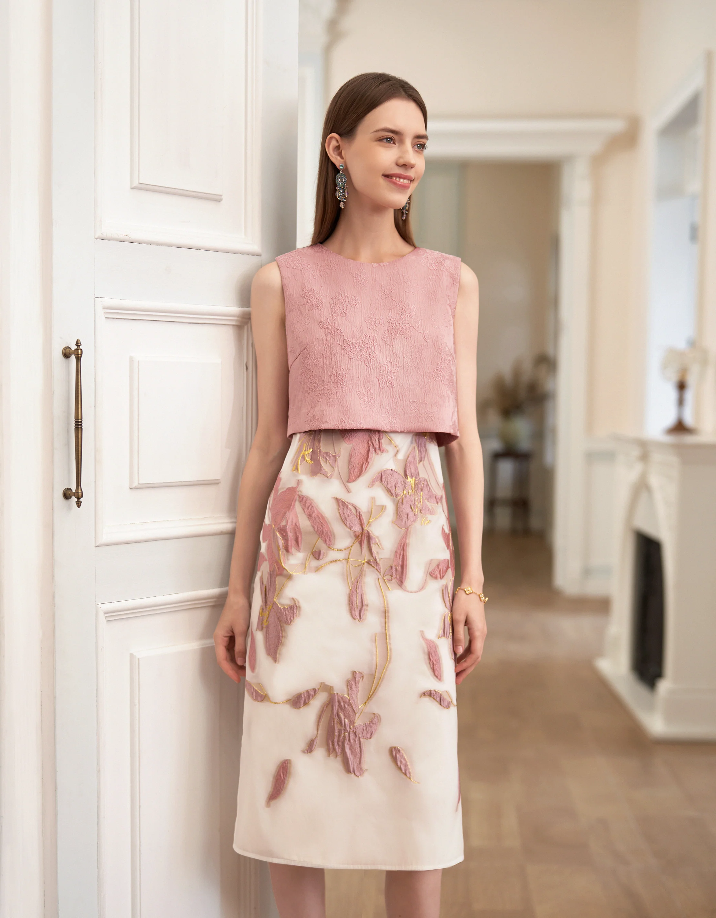 Colorblock Floral Skirt Jacquard Midi Dress - Image 4
