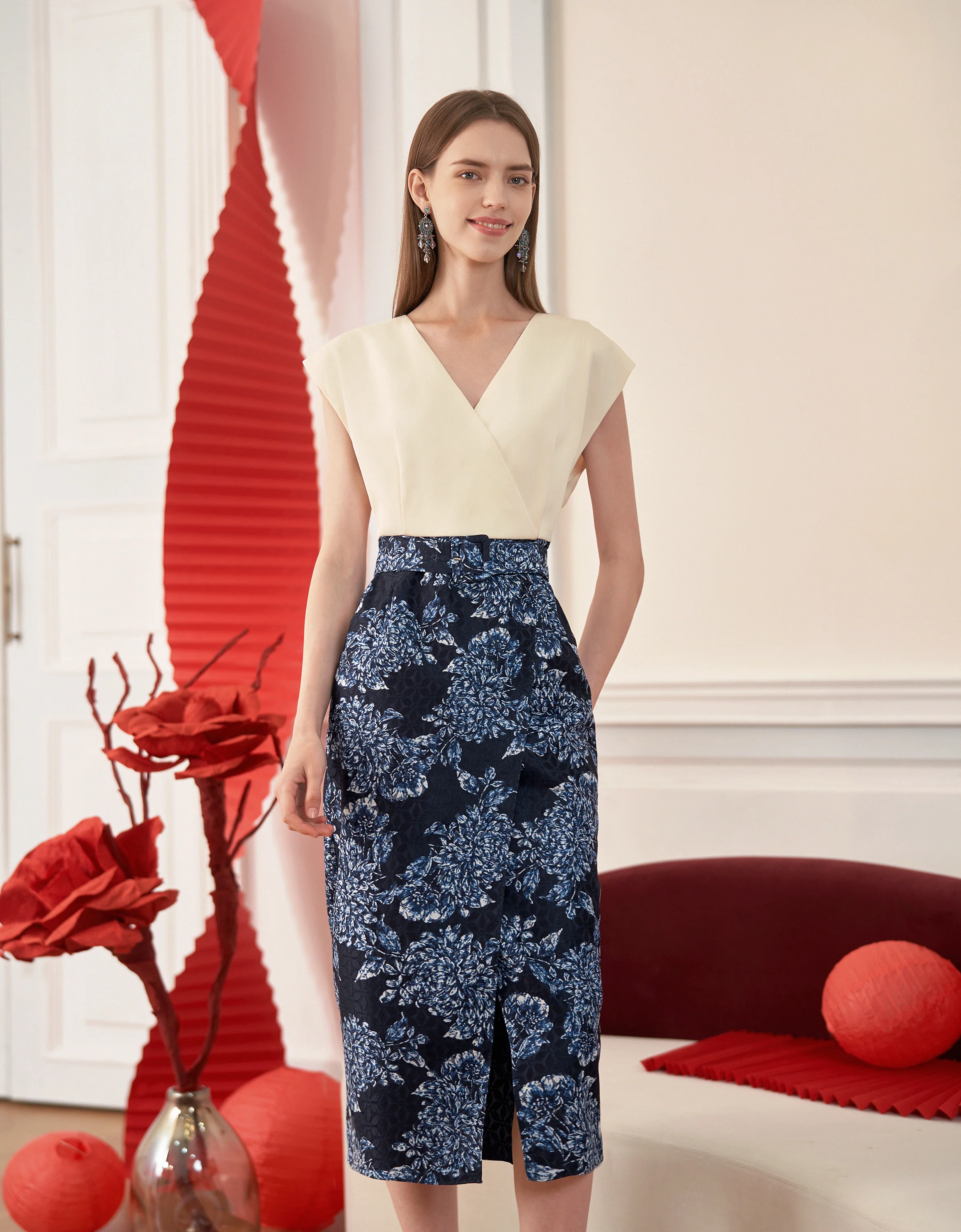 Colorblock Printed Skirt V-neck Dress - Image 3