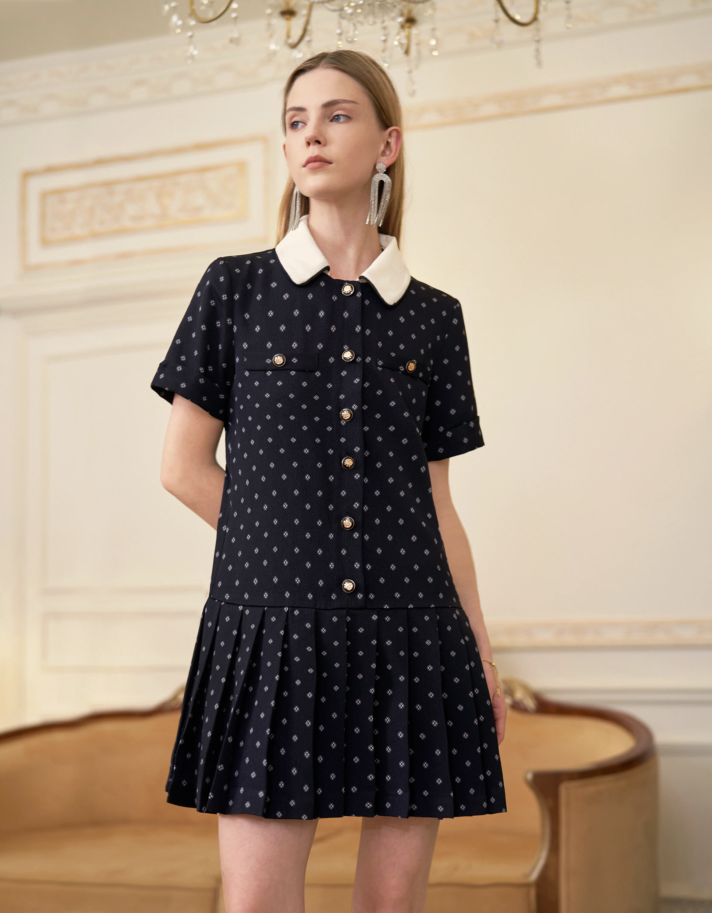 Contrast Collar Pleated Hem Printed Dress - Image 11