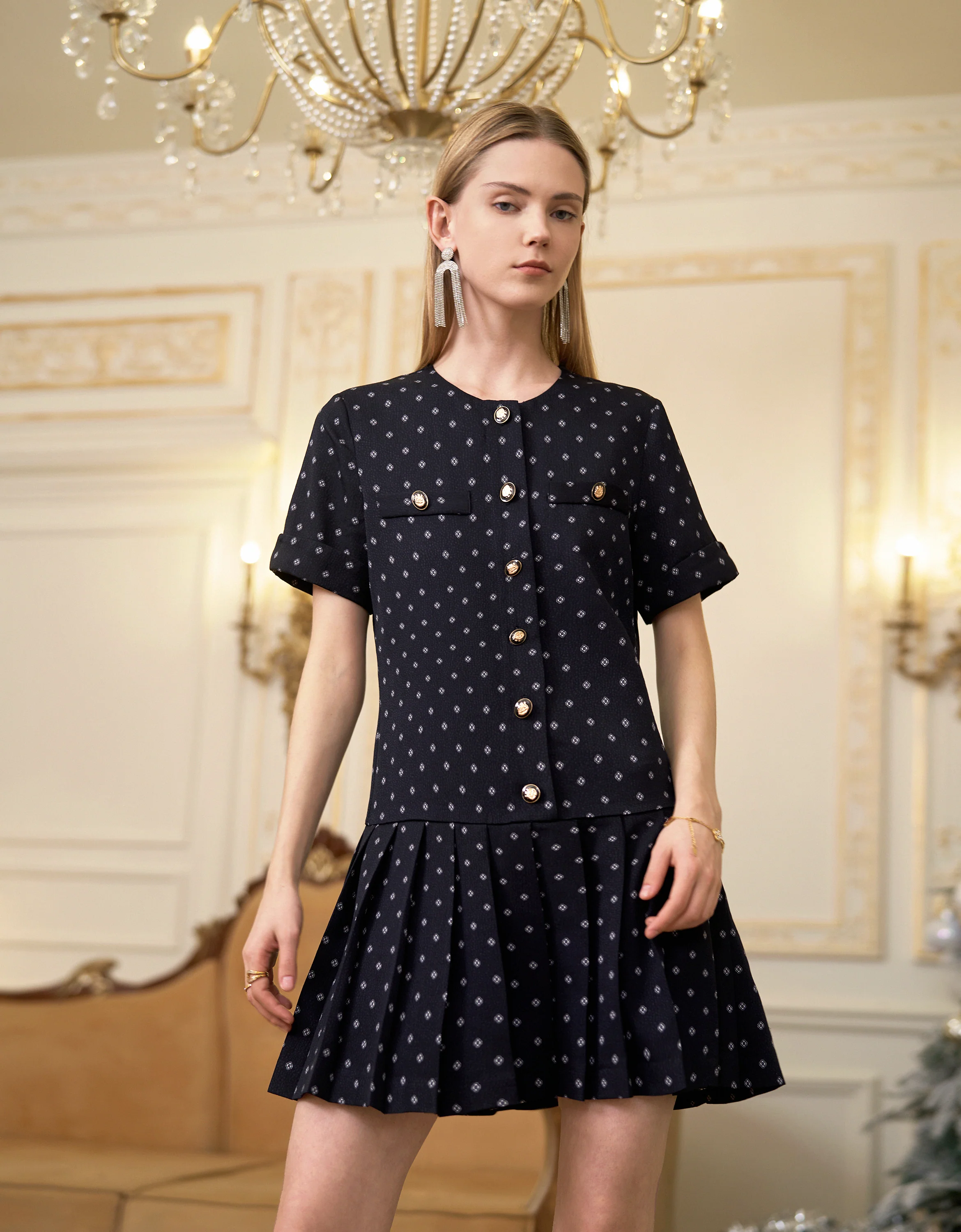 Contrast Collar Pleated Hem Printed Dress - Image 13
