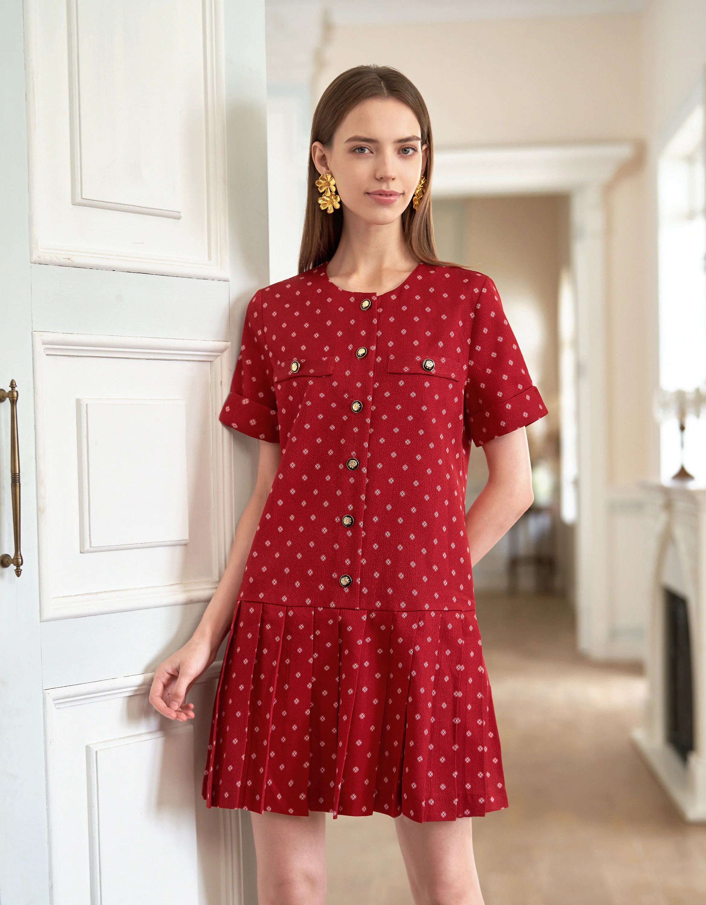 Contrast Collar Pleated Hem Printed Dress - Image 4