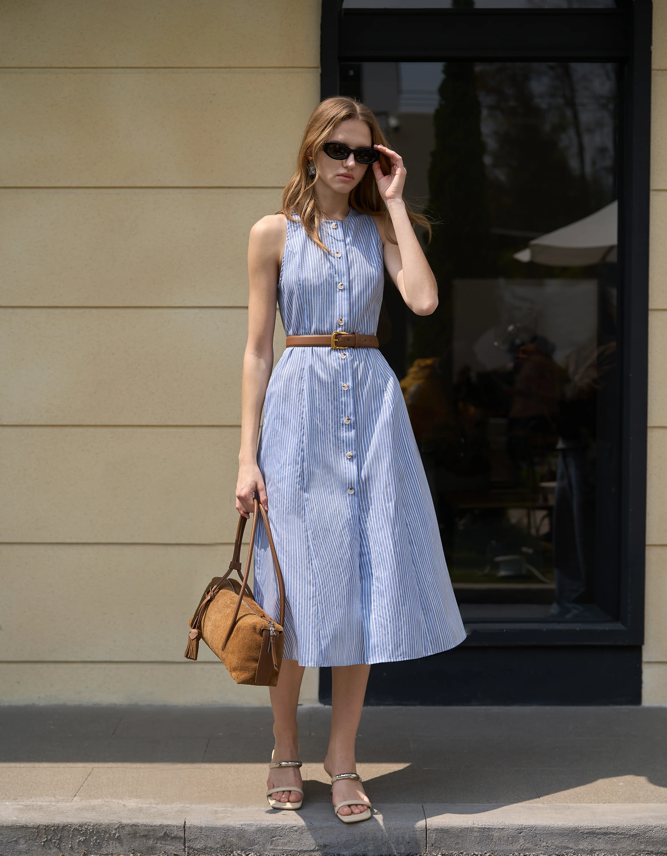 Contrast Collar Striped Midi Dress - Image 4