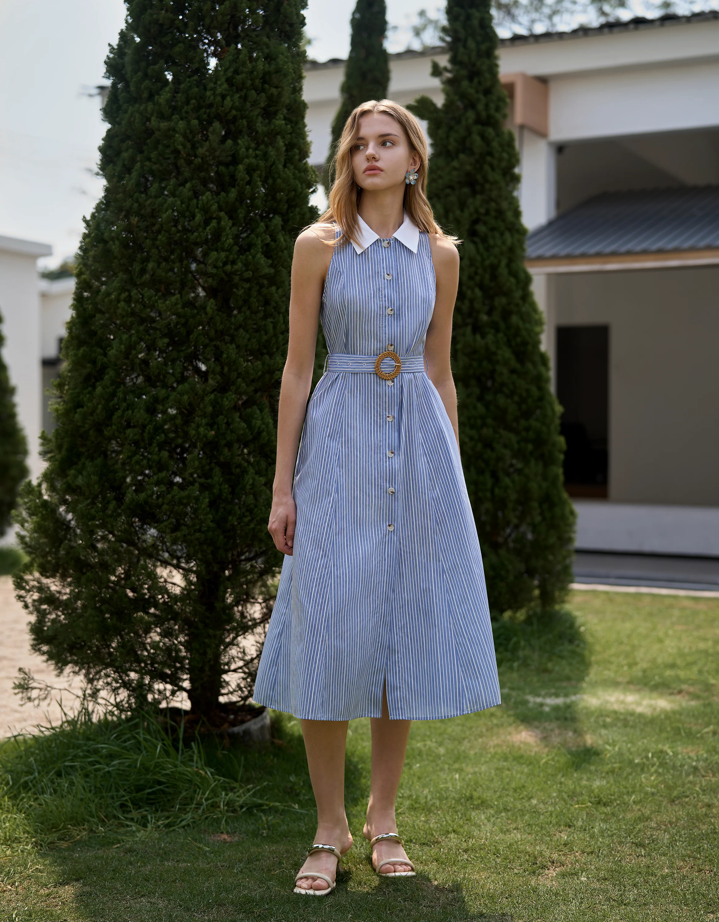 Contrast Collar Striped Midi Dress - Image 6