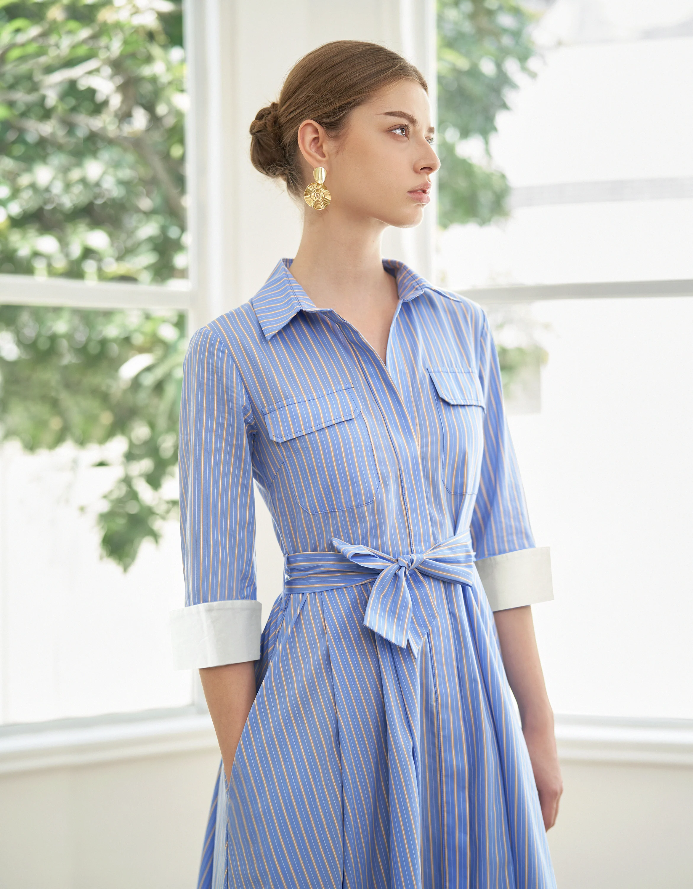 Contrast Cuffs Long Sleeve Midi Shirt Dress - Image 3