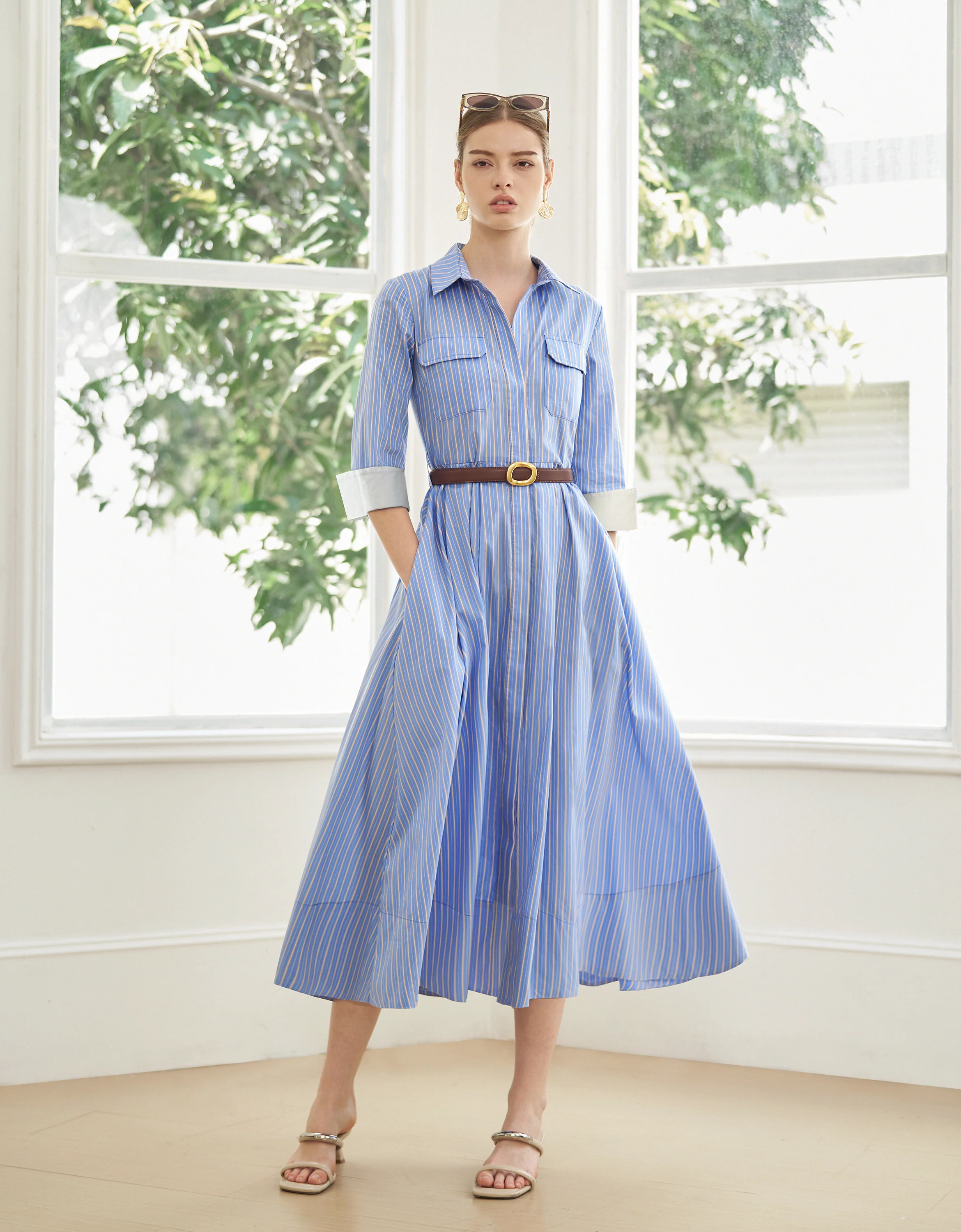 Contrast Cuffs Long Sleeve Midi Shirt Dress - Image 4
