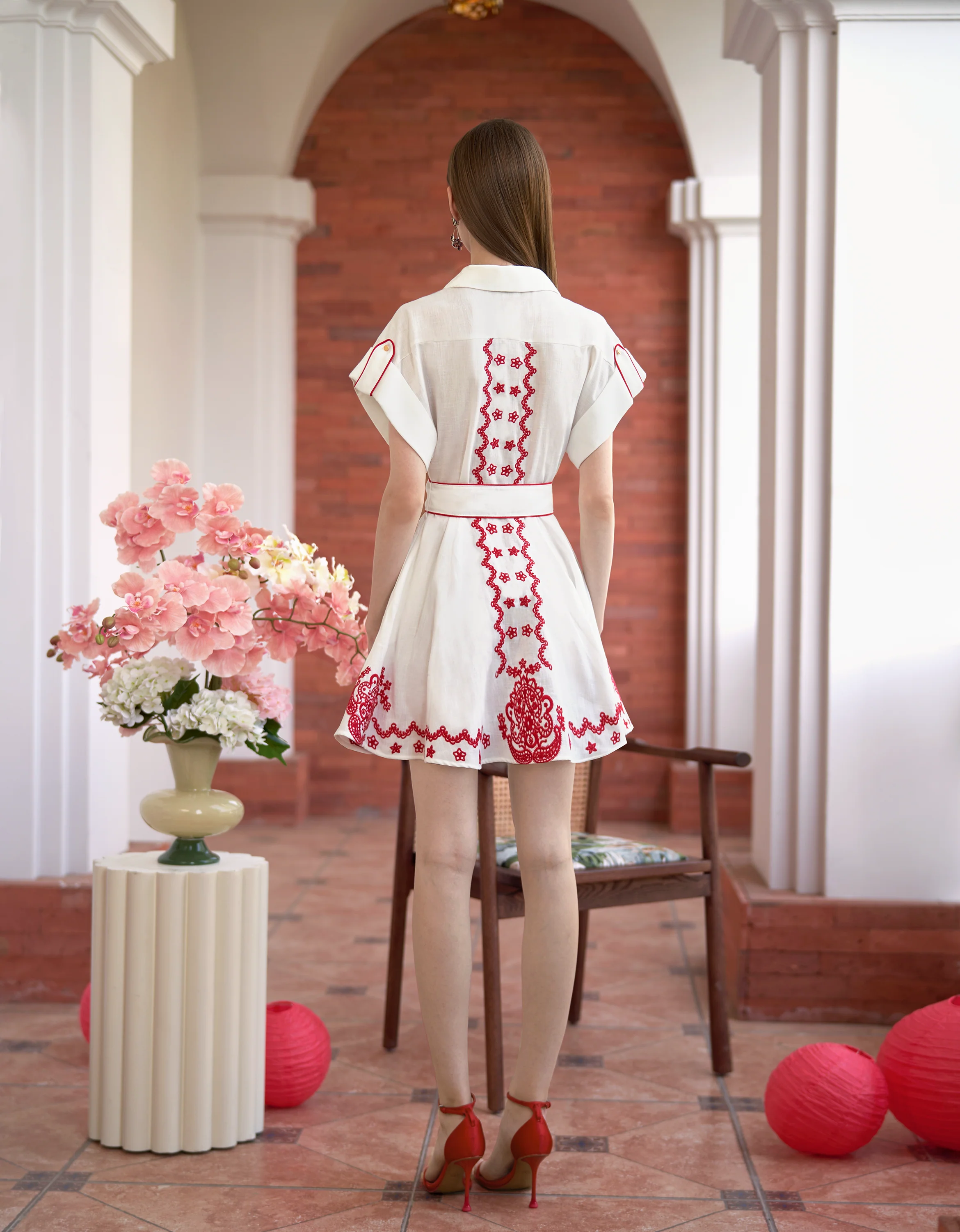 Contrast Embroidery Button Front Belted Dress - Image 4