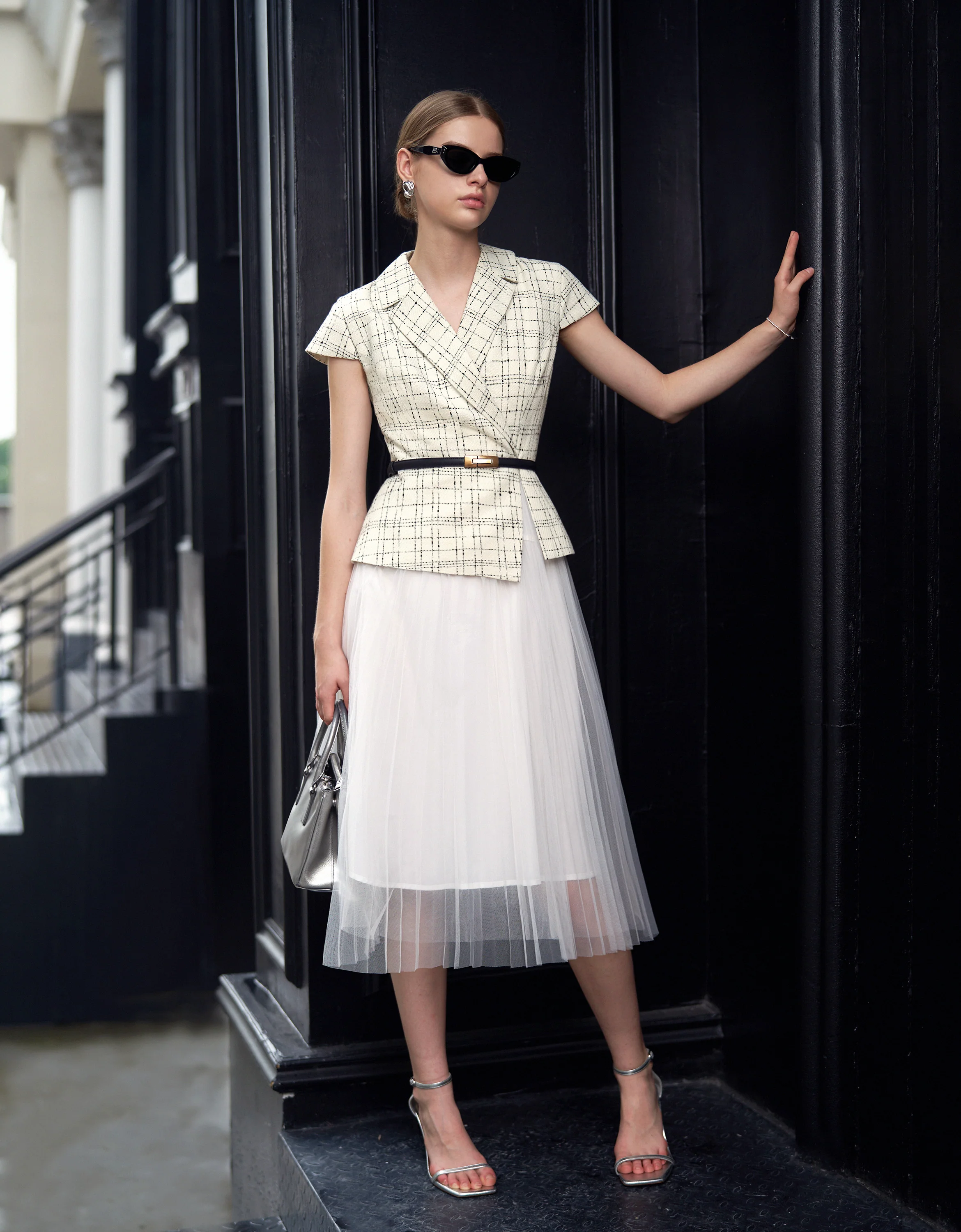 Contrast Mesh Skirt Checkered Midi Dress - Image 3
