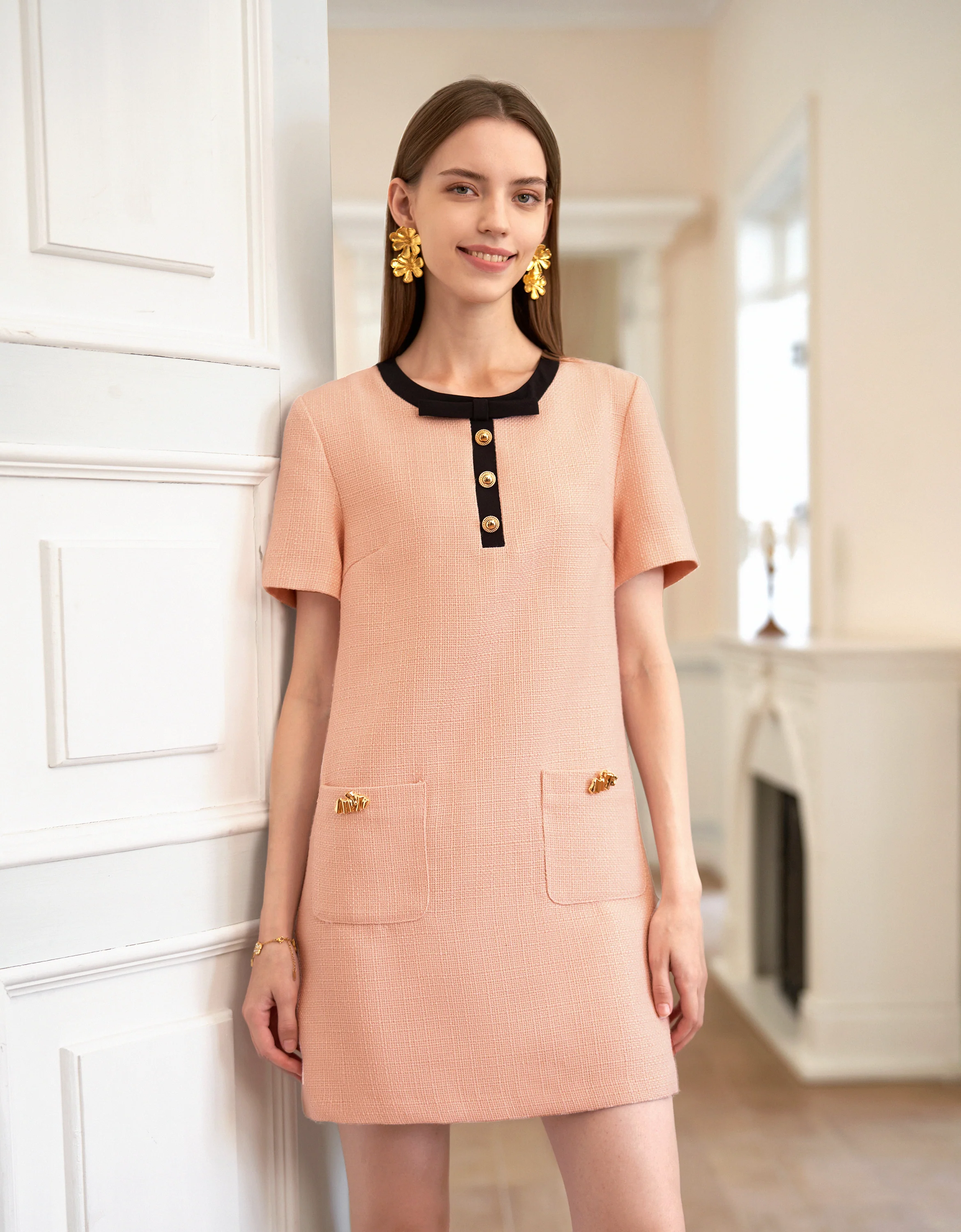 Contrast Neckline Short Sleeve Tweed Dress