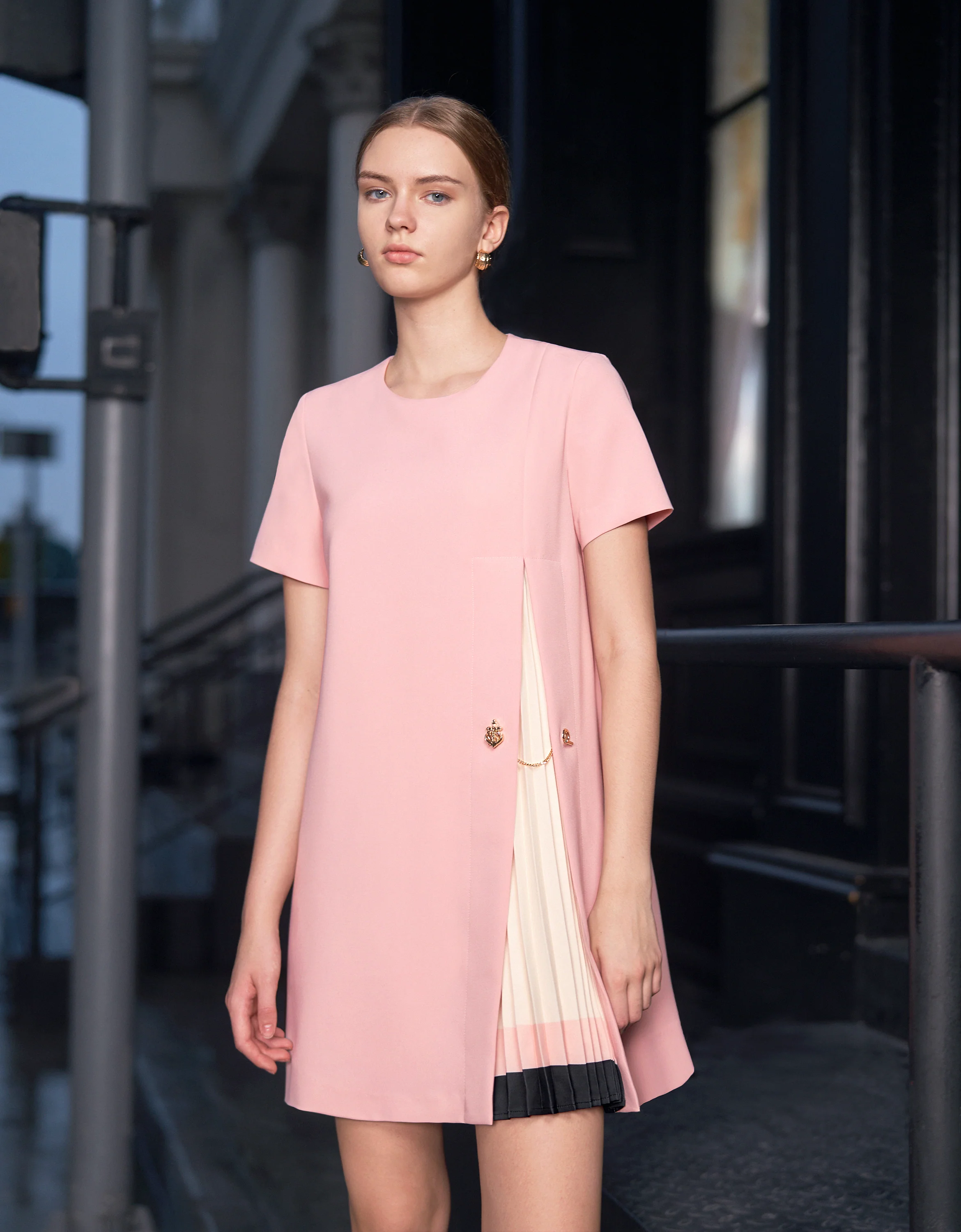 Contrast Pleated Panel Short Sleeve Dress - Image 11