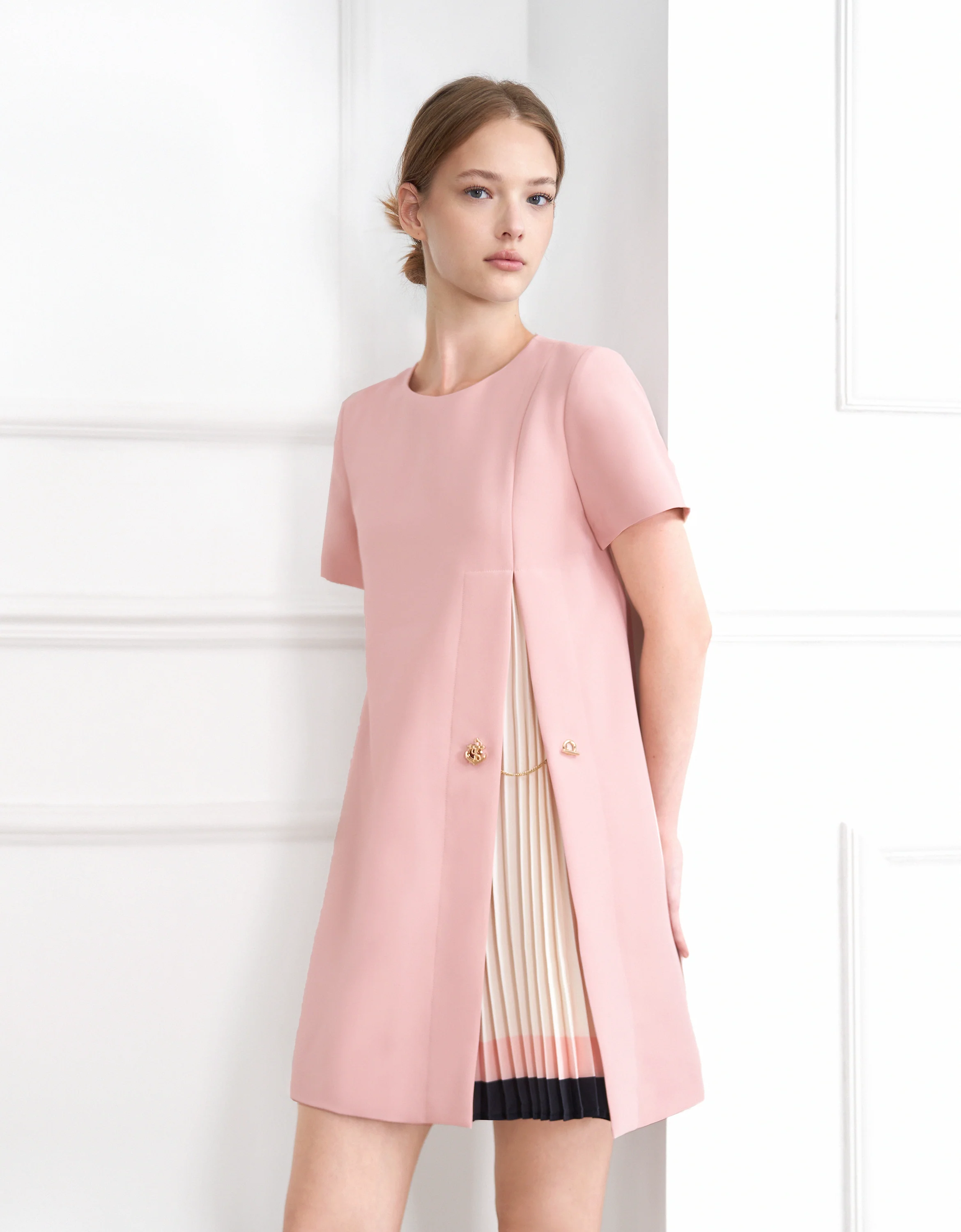 Contrast Pleated Panel Short Sleeve Dress - Image 14