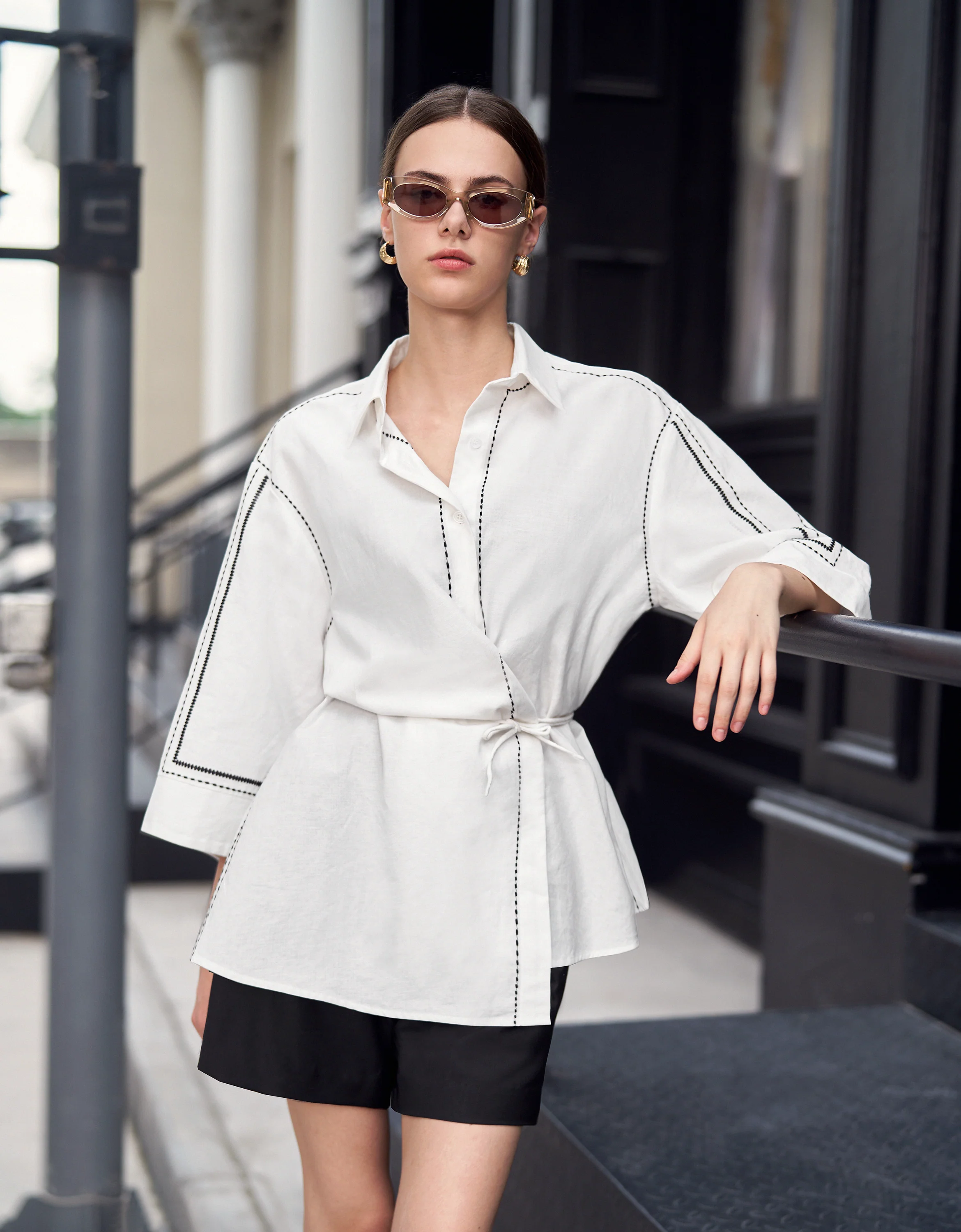 Contrast Topstitch Asymmetric Long Sleeve Shirt - Image 4
