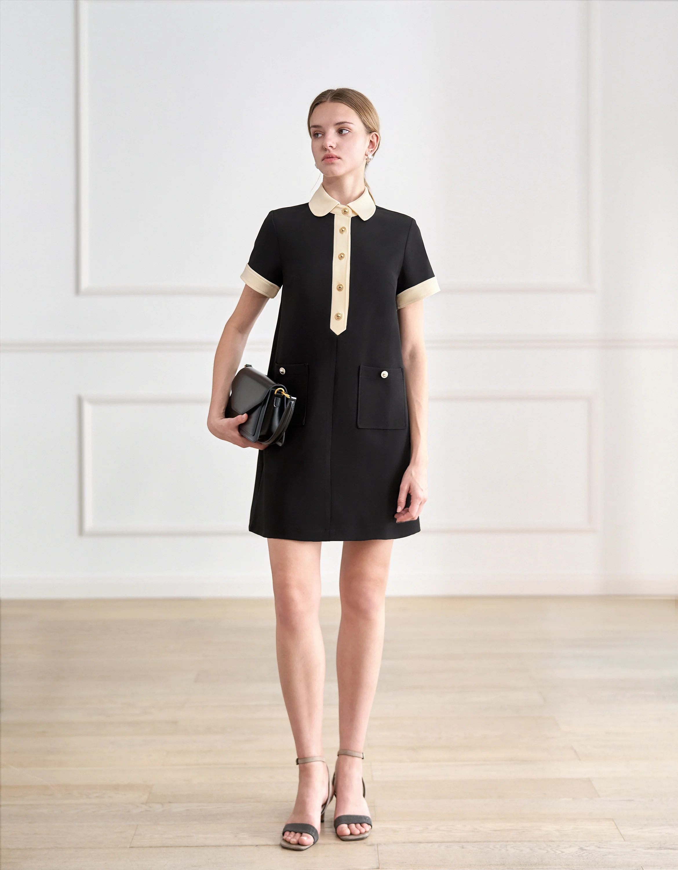 Contrast Trims Button Front Collared Dress