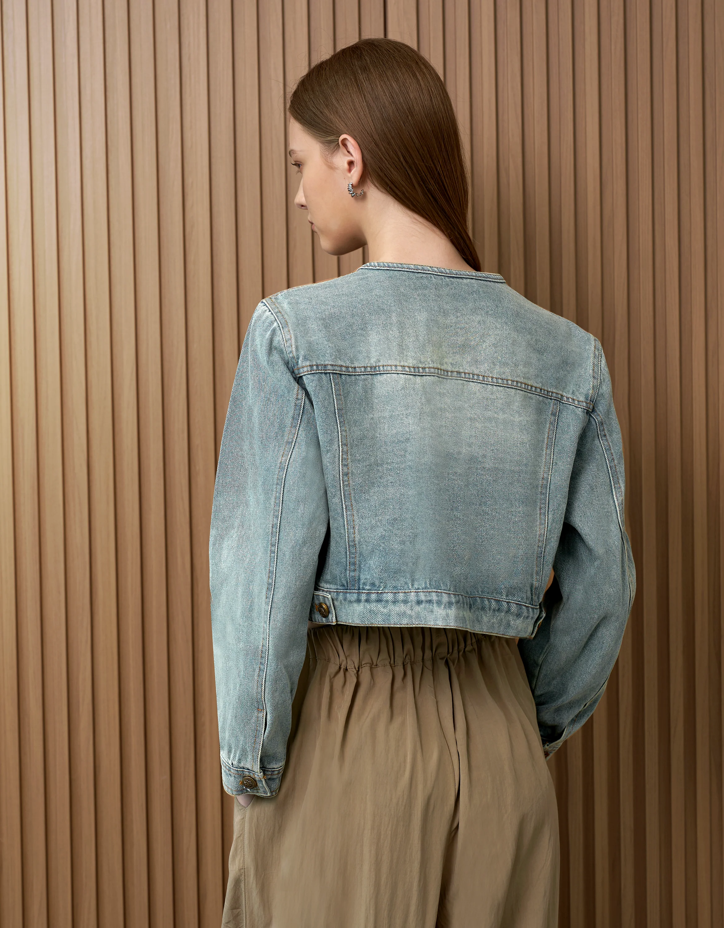 Crew Neck Cropped Denim Jacket - Image 3