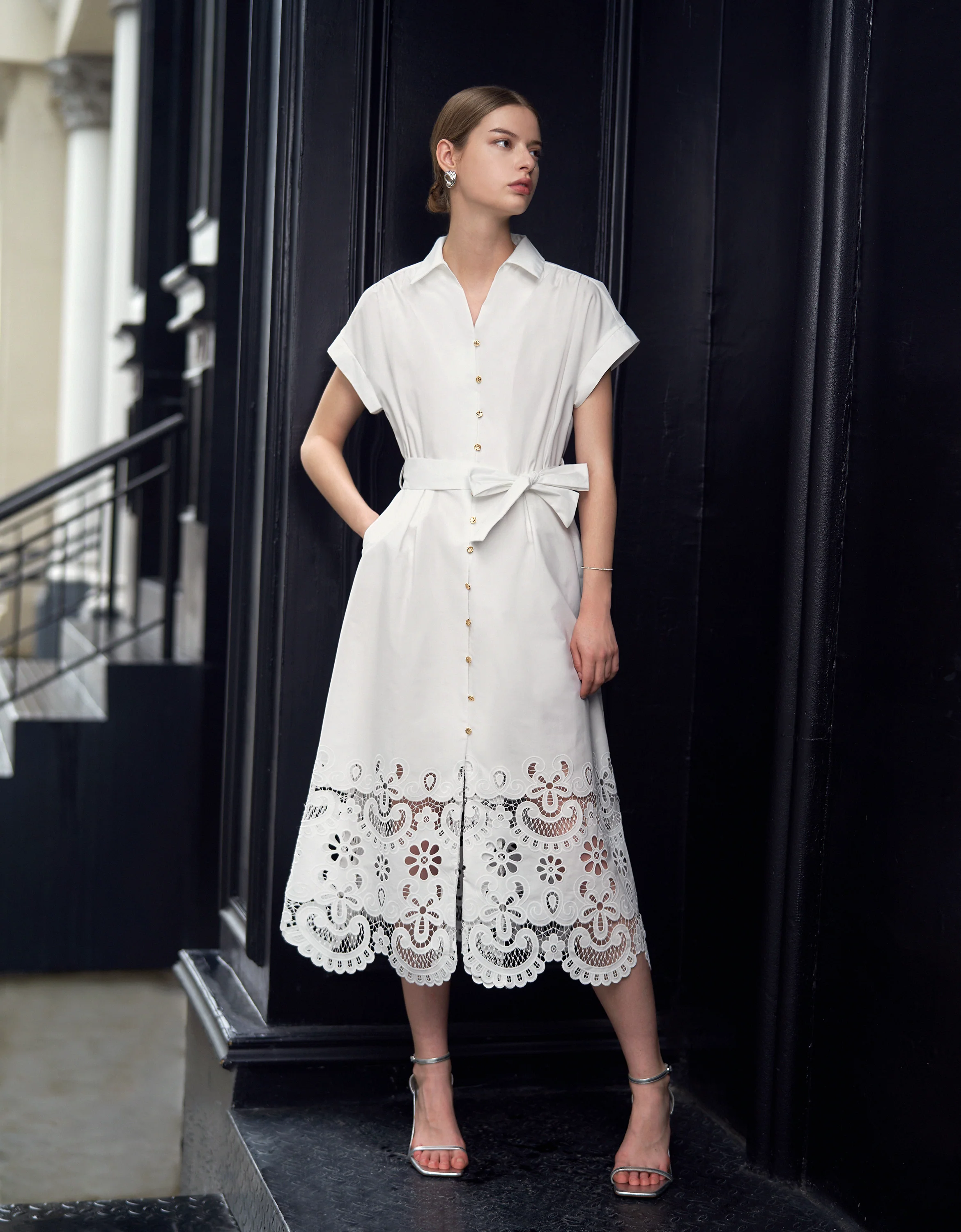 Cutwork Embroidered Hem Midi Shirt Dress