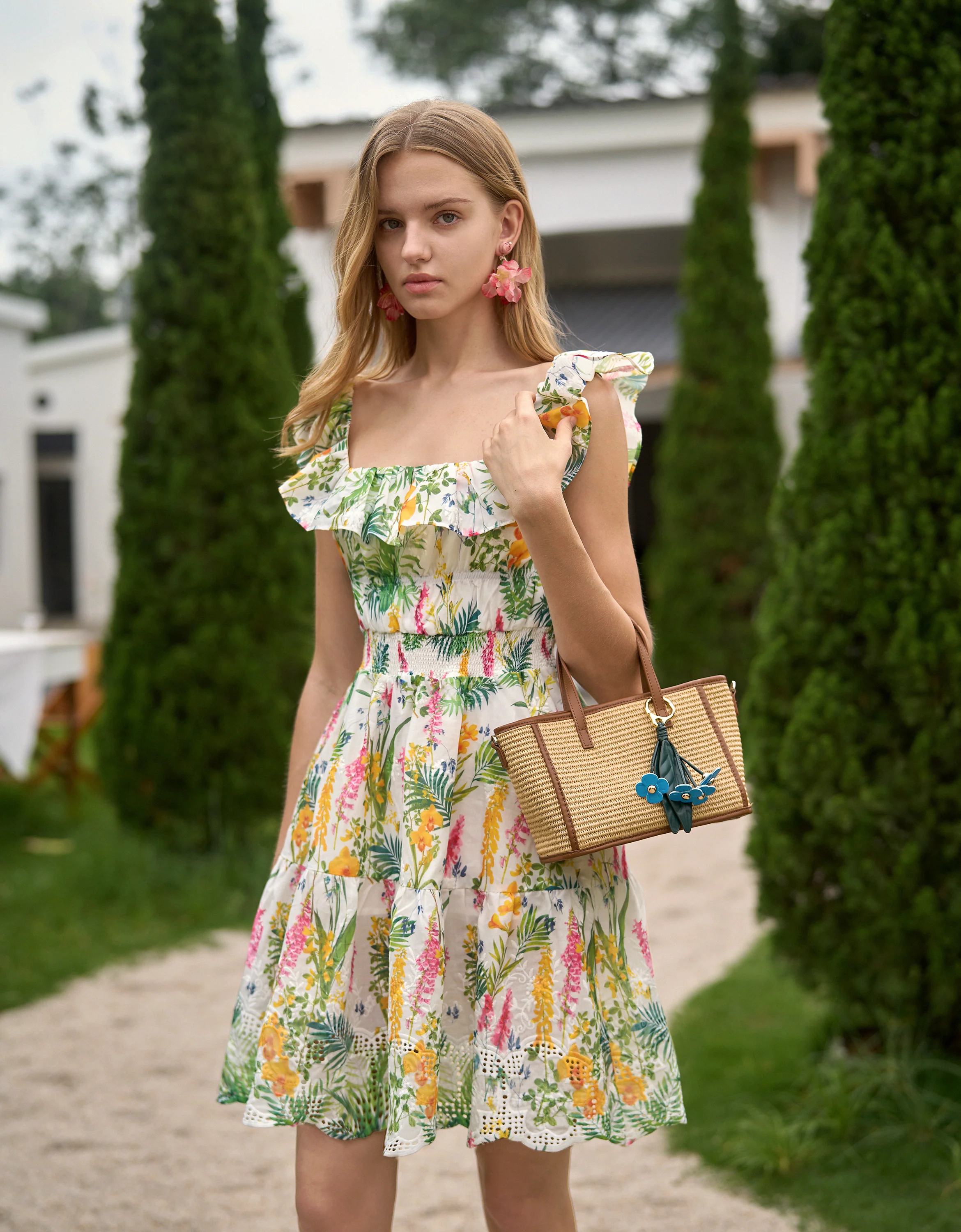 Cutwork Embroidery Floral Print Ruffled Sleeve Dress - Image 2