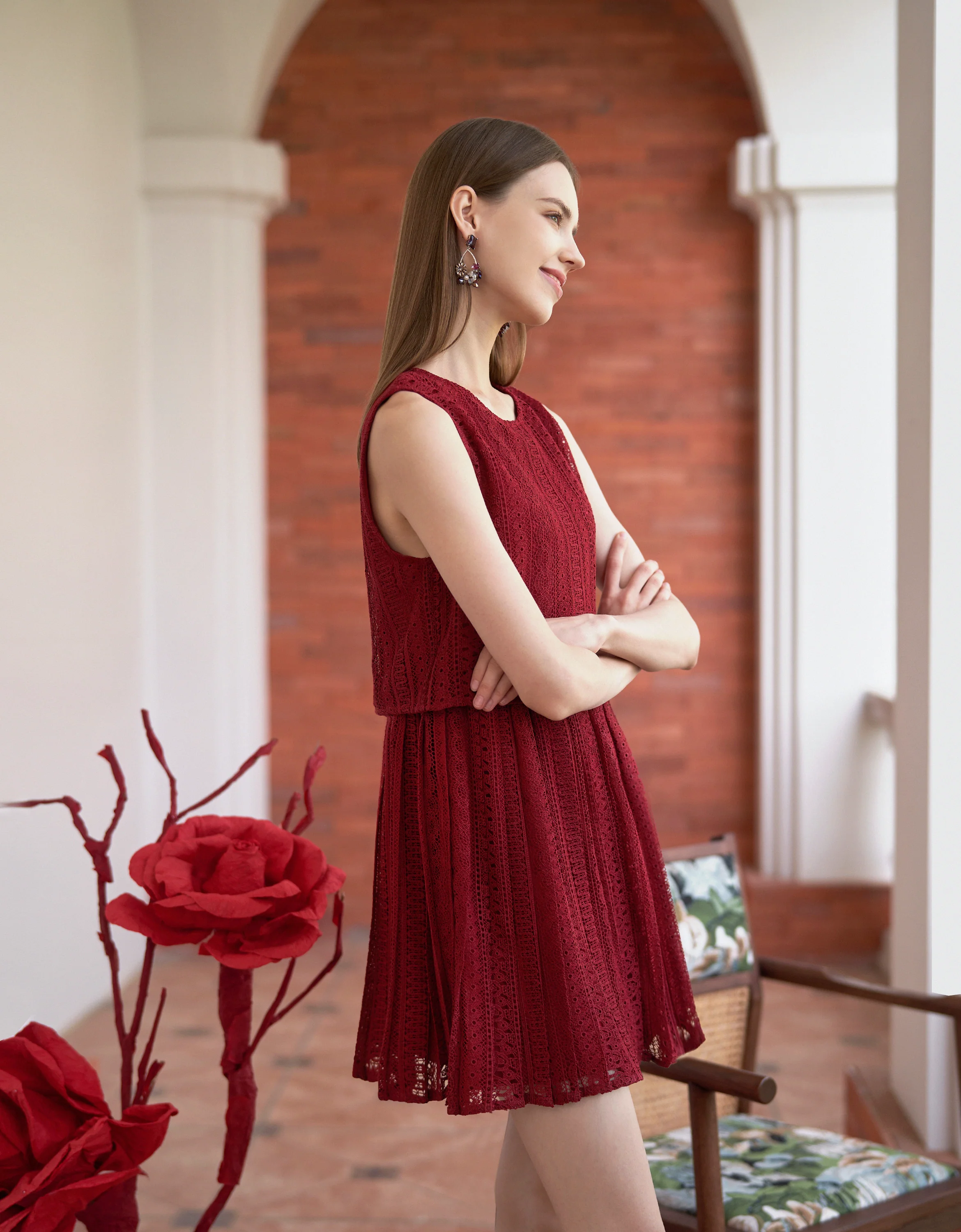 Cutwork Embroidery Round Neck Pleated Dress - Image 3