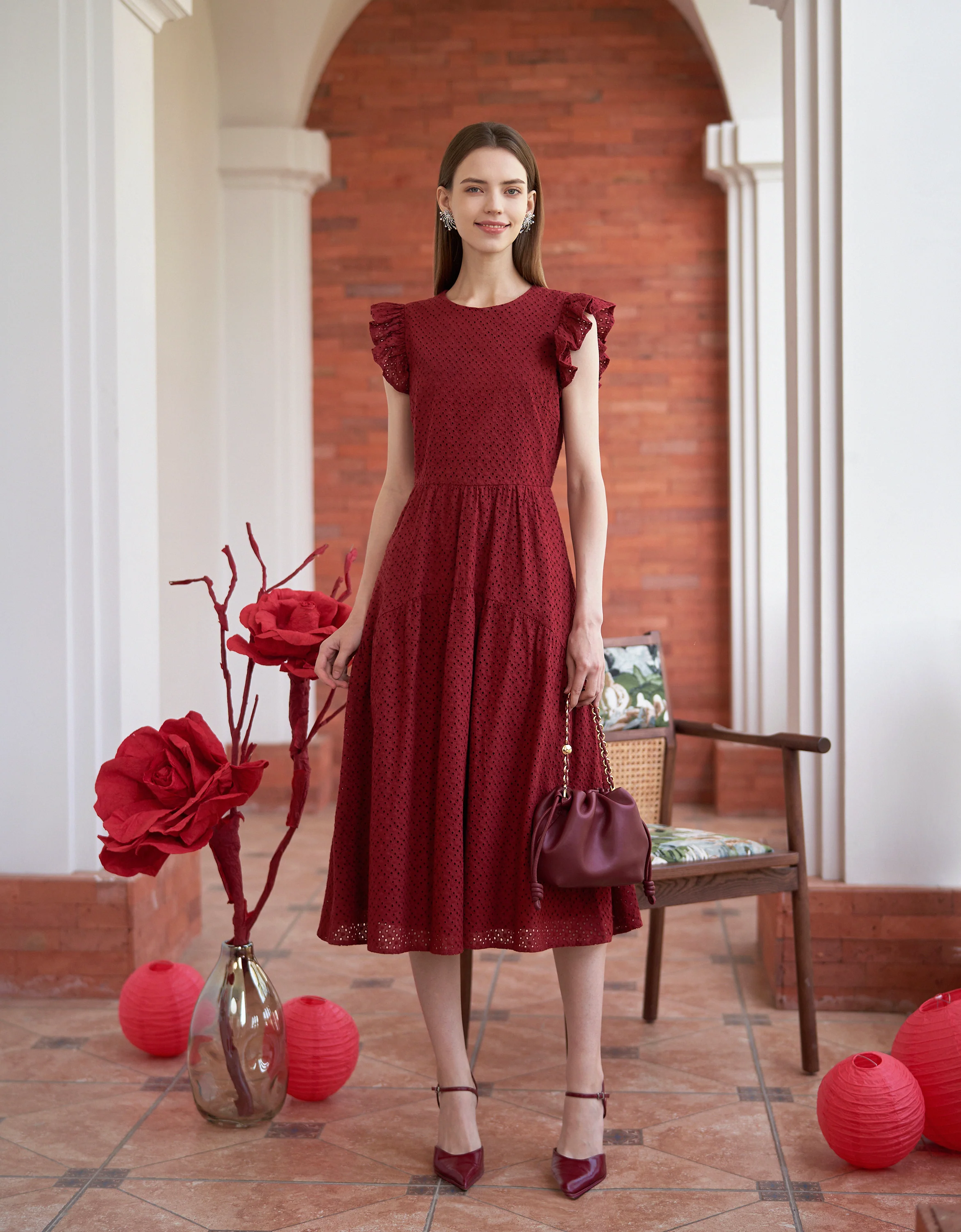 Cutwork Embroidery Ruffled Sleeves Midi Dress