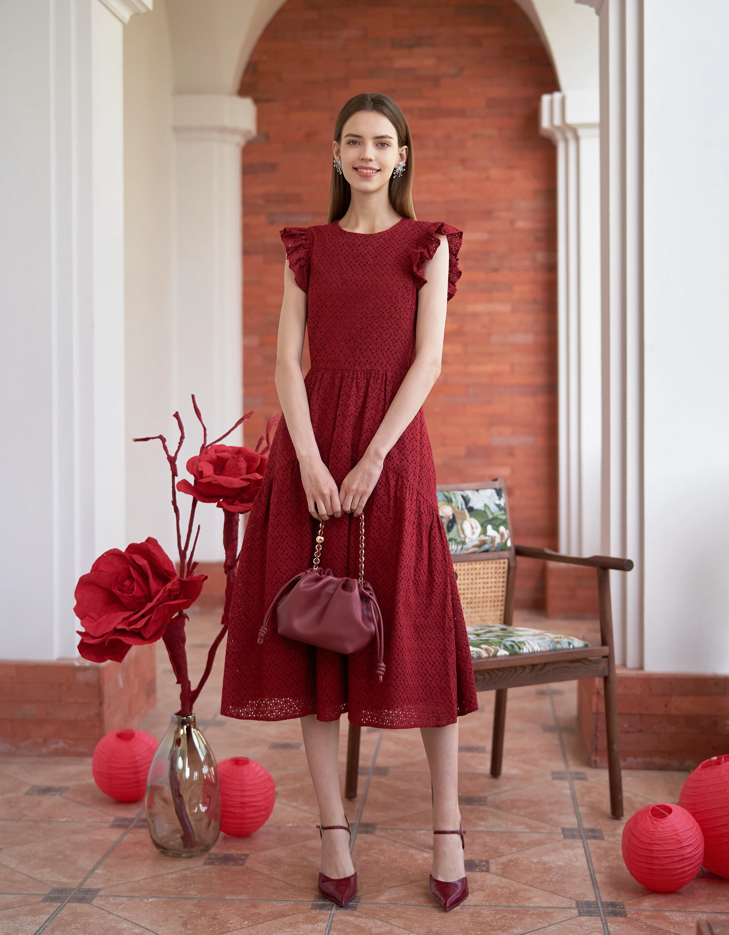 Cutwork Embroidery Ruffled Sleeves Midi Dress - Image 2