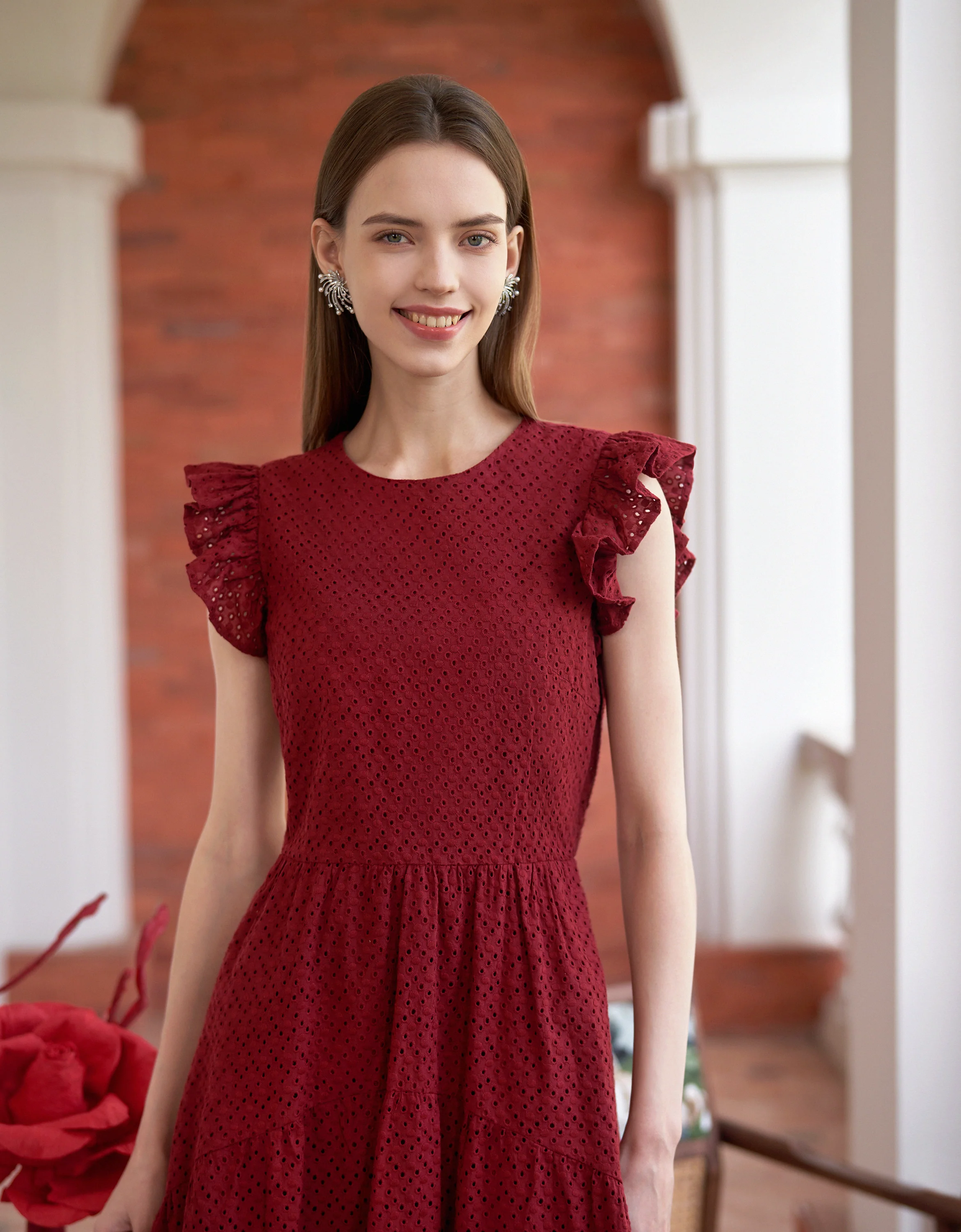 Cutwork Embroidery Ruffled Sleeves Midi Dress - Image 3