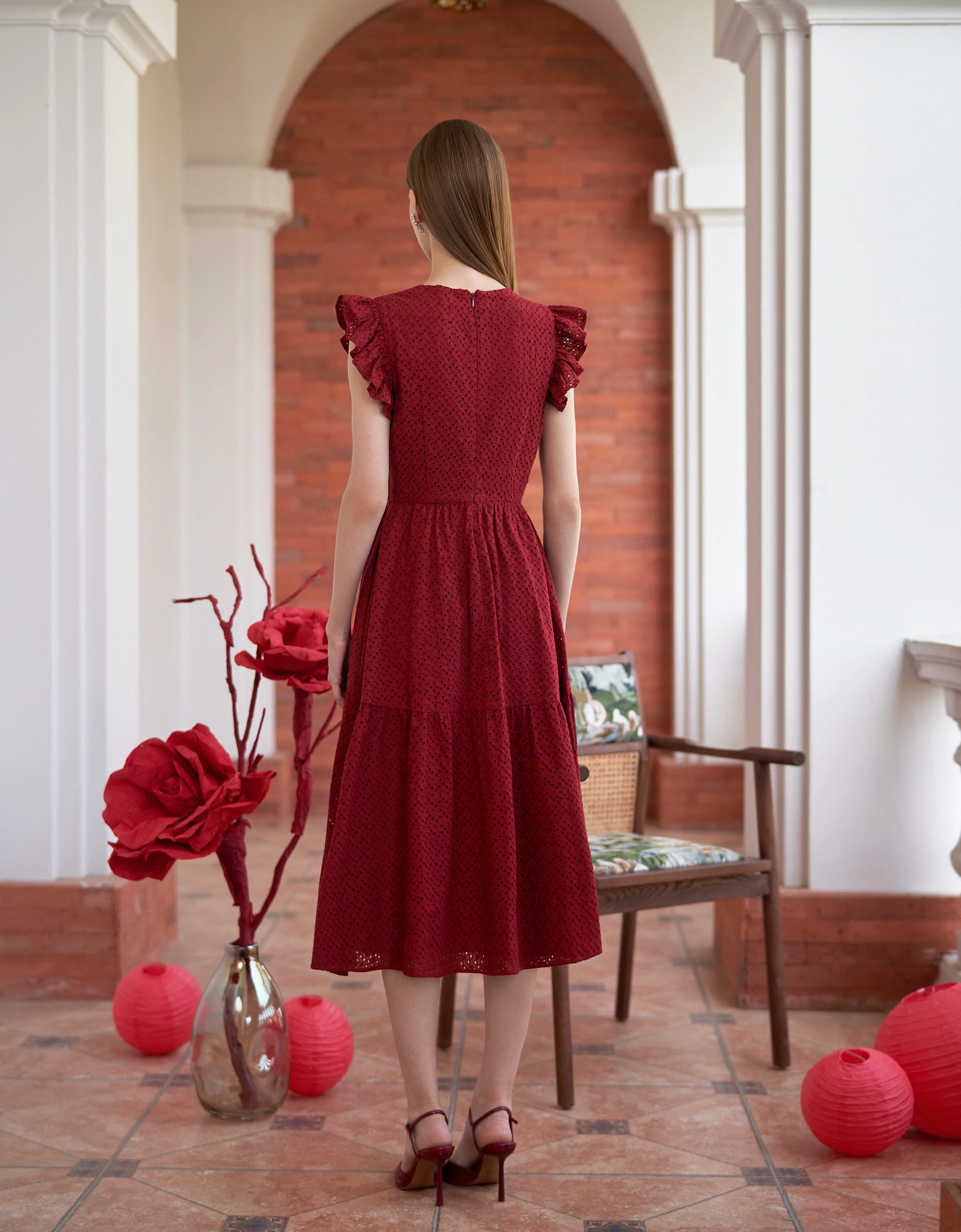 Cutwork Embroidery Ruffled Sleeves Midi Dress - Image 4