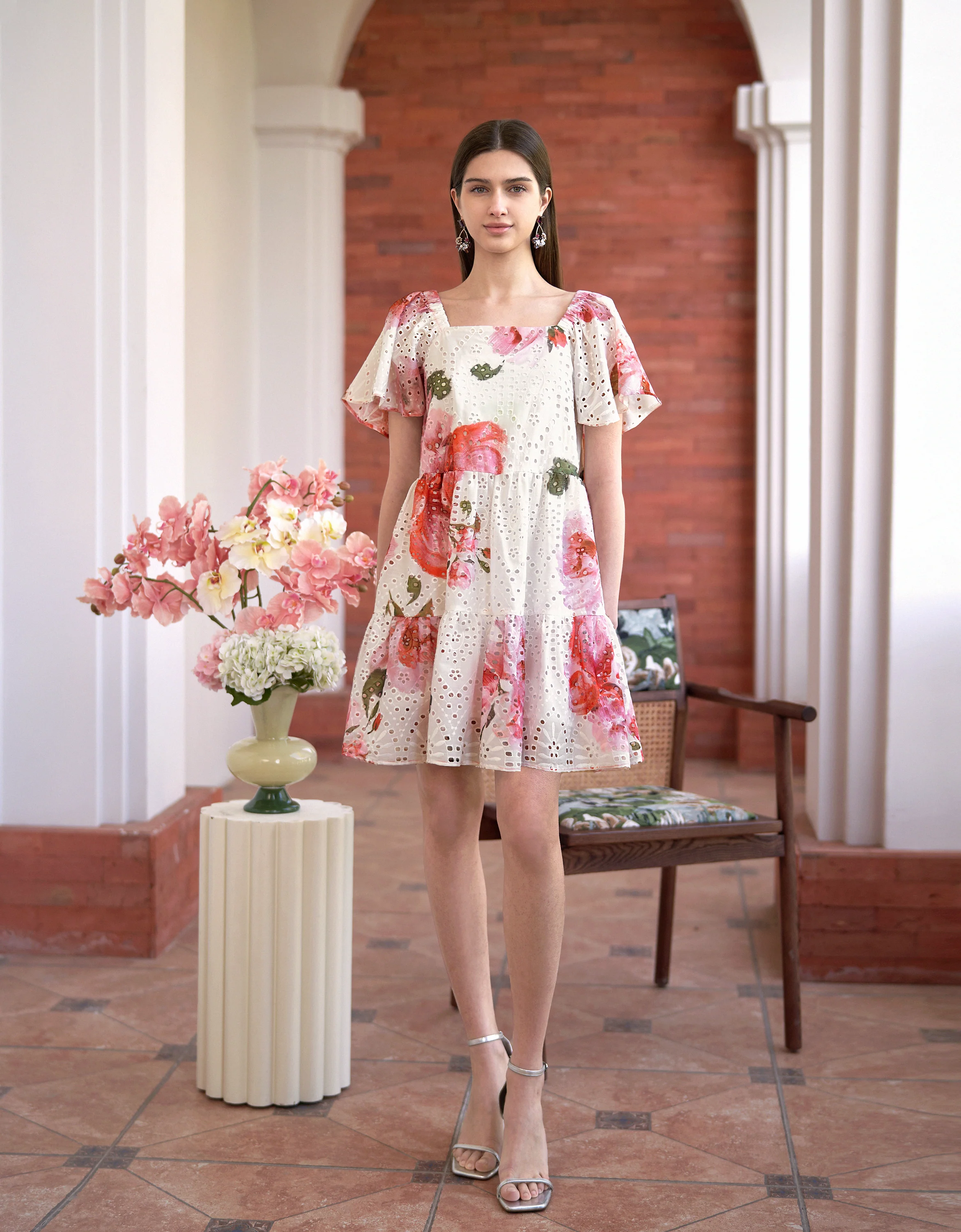 Cutwork Embroidery Square Neck Floral Print Dress - Image 3