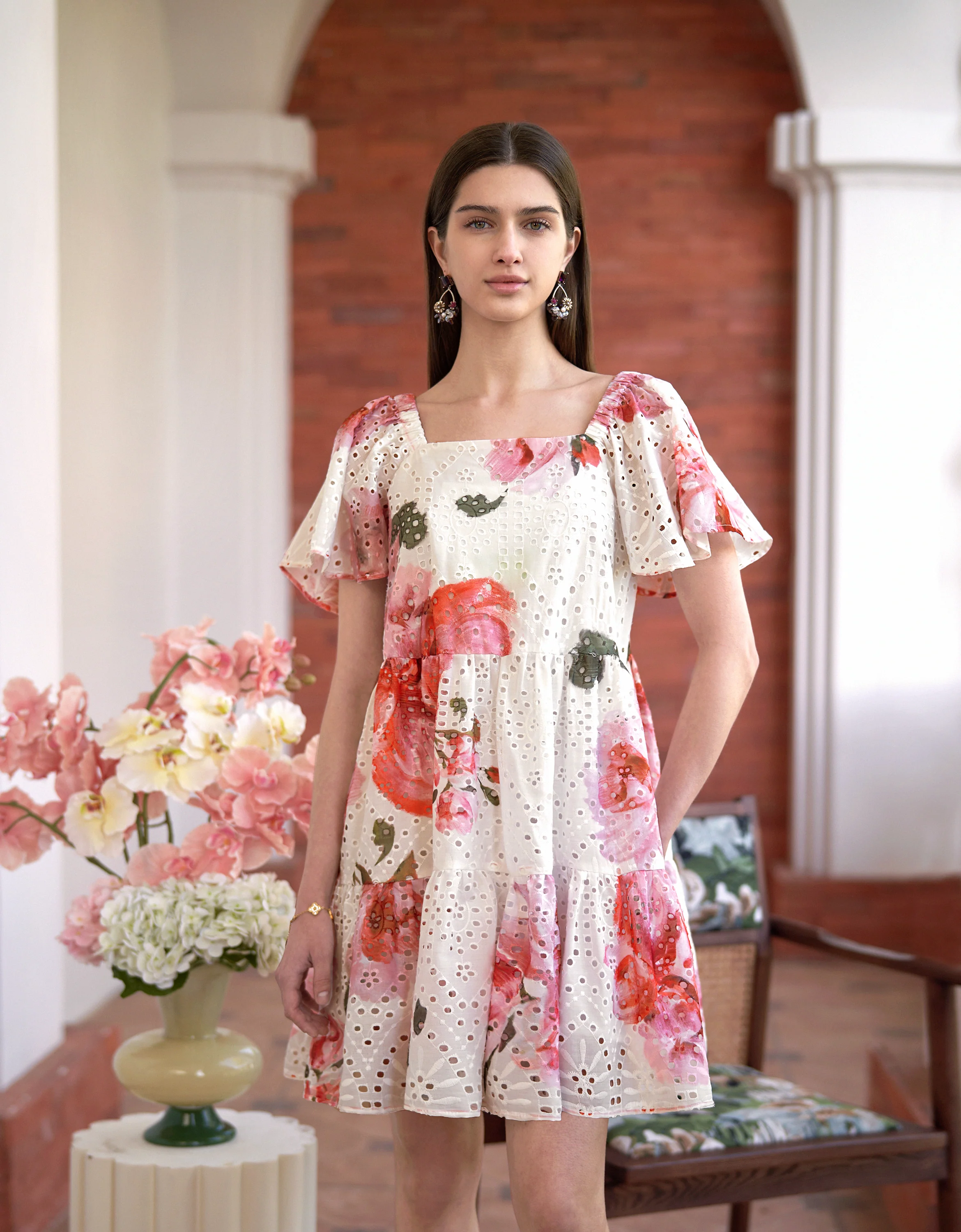 Cutwork Embroidery Square Neck Floral Print Dress - Image 4