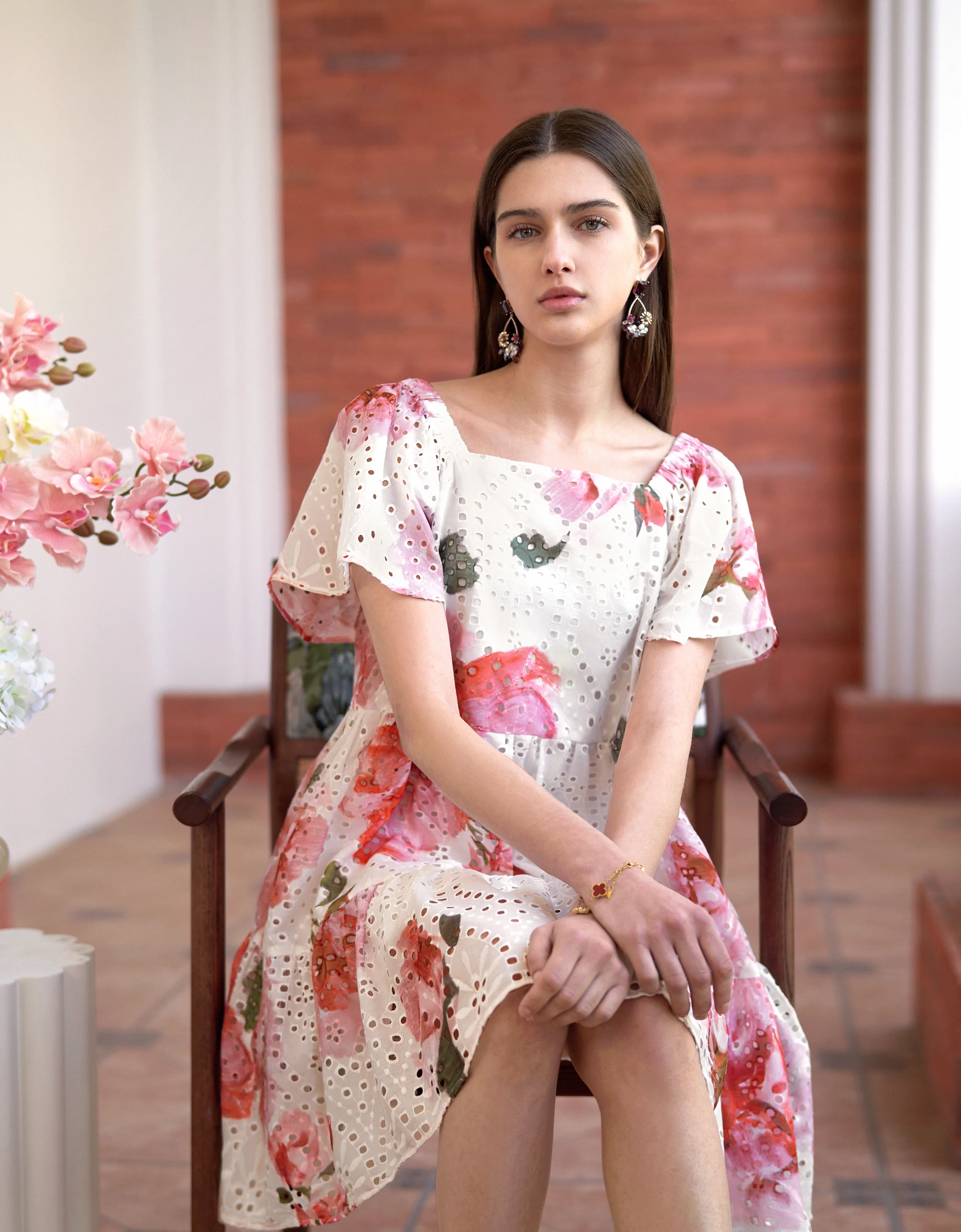 Cutwork Embroidery Square Neck Floral Print Dress - Image 6