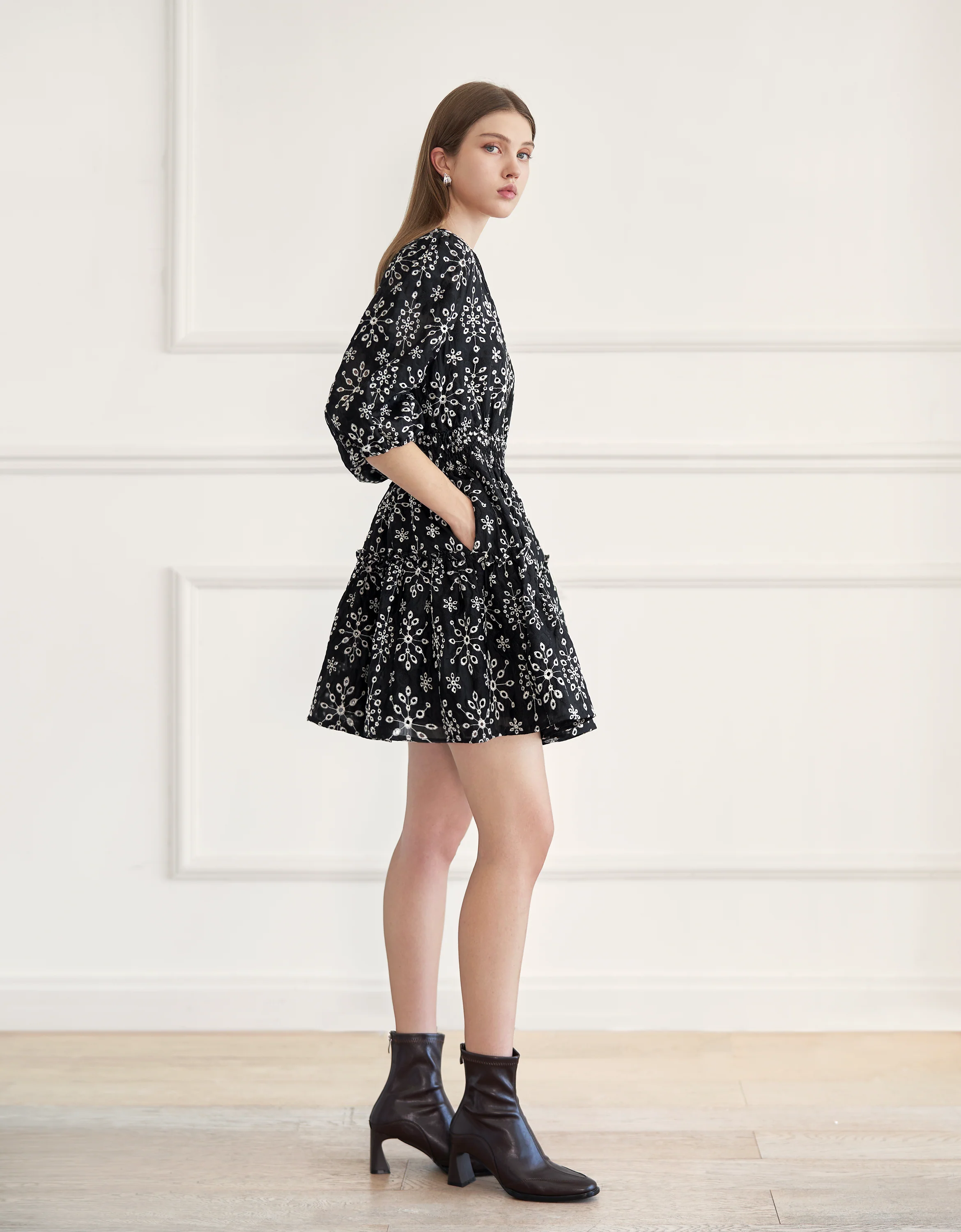 Cutwork Embroidery V-neck Tiered Dress - Image 3