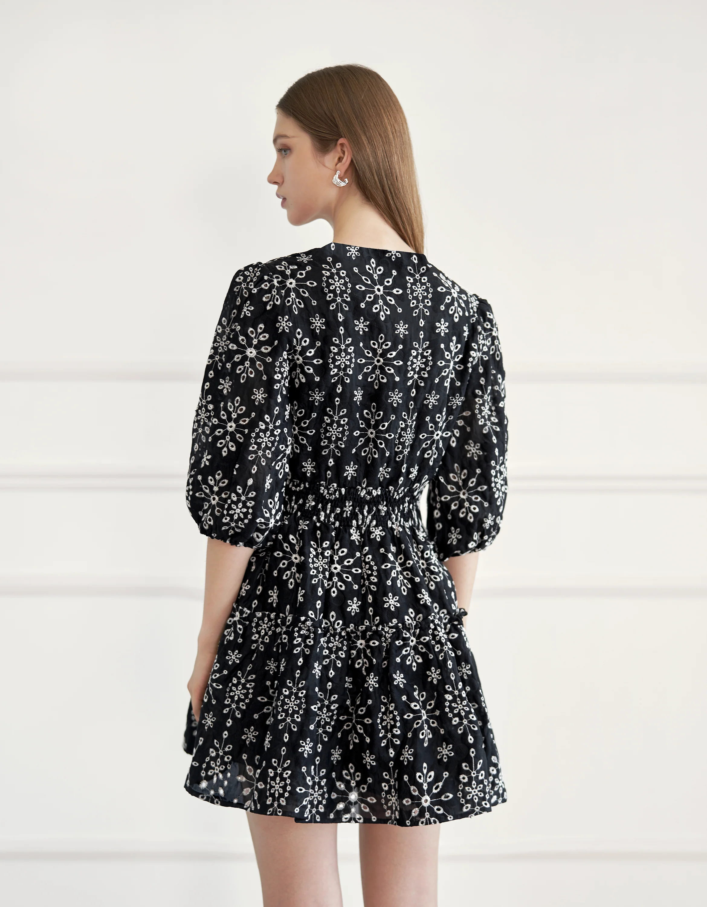 Cutwork Embroidery V-neck Tiered Dress - Image 5