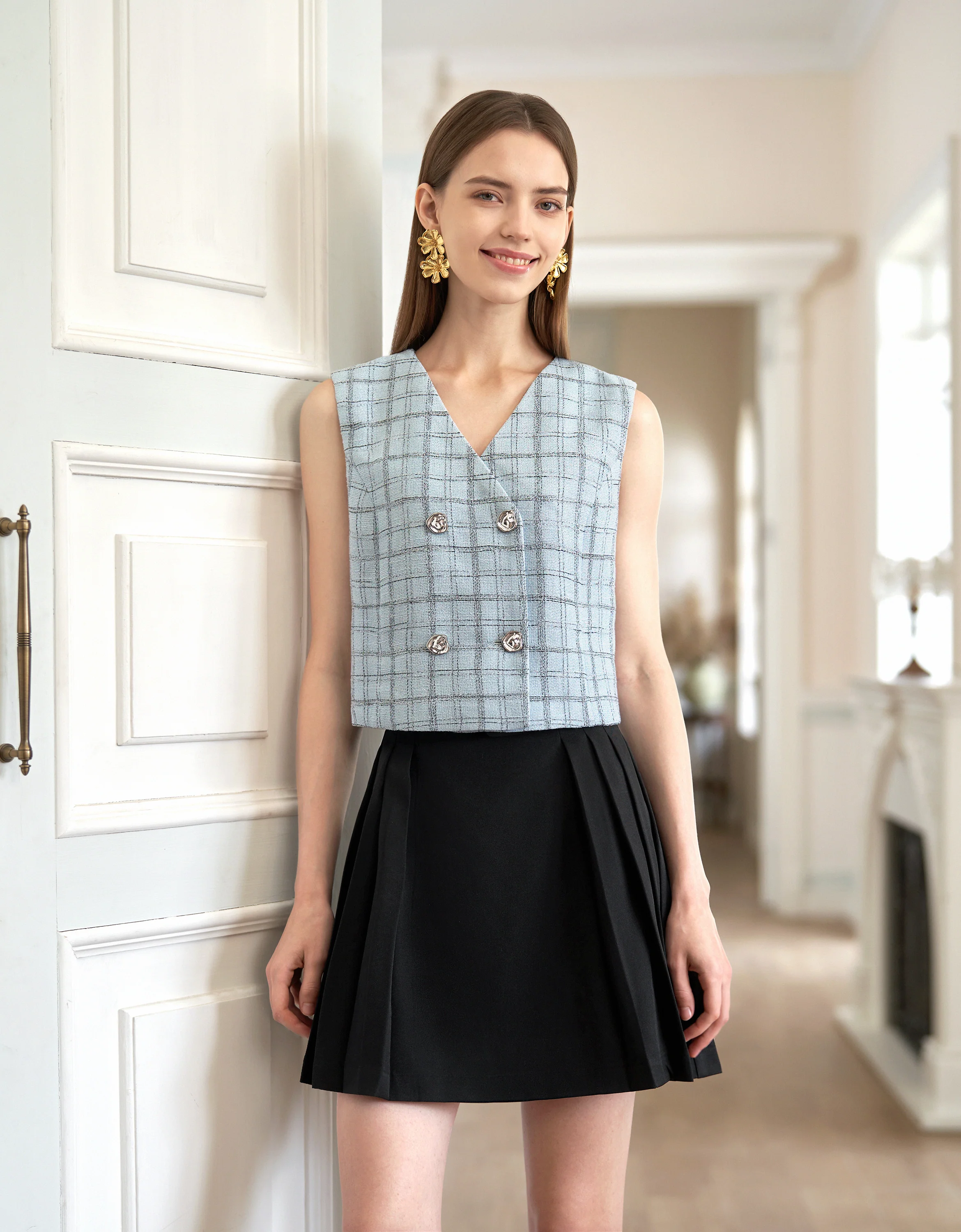 Double-breasted V-neck Plaid Vest - Image 4