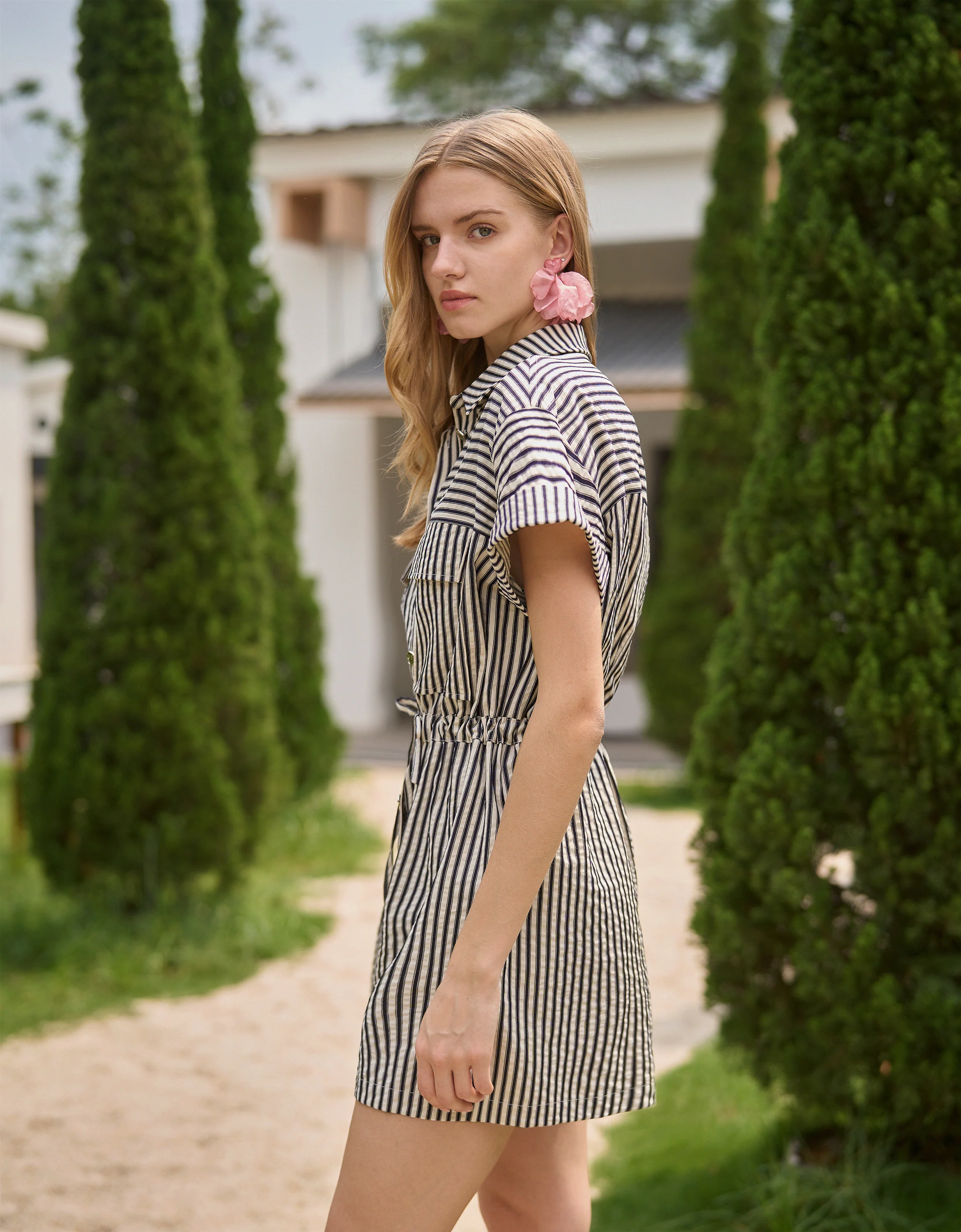 Drawstring Waist Striped Collared Romper - Image 2
