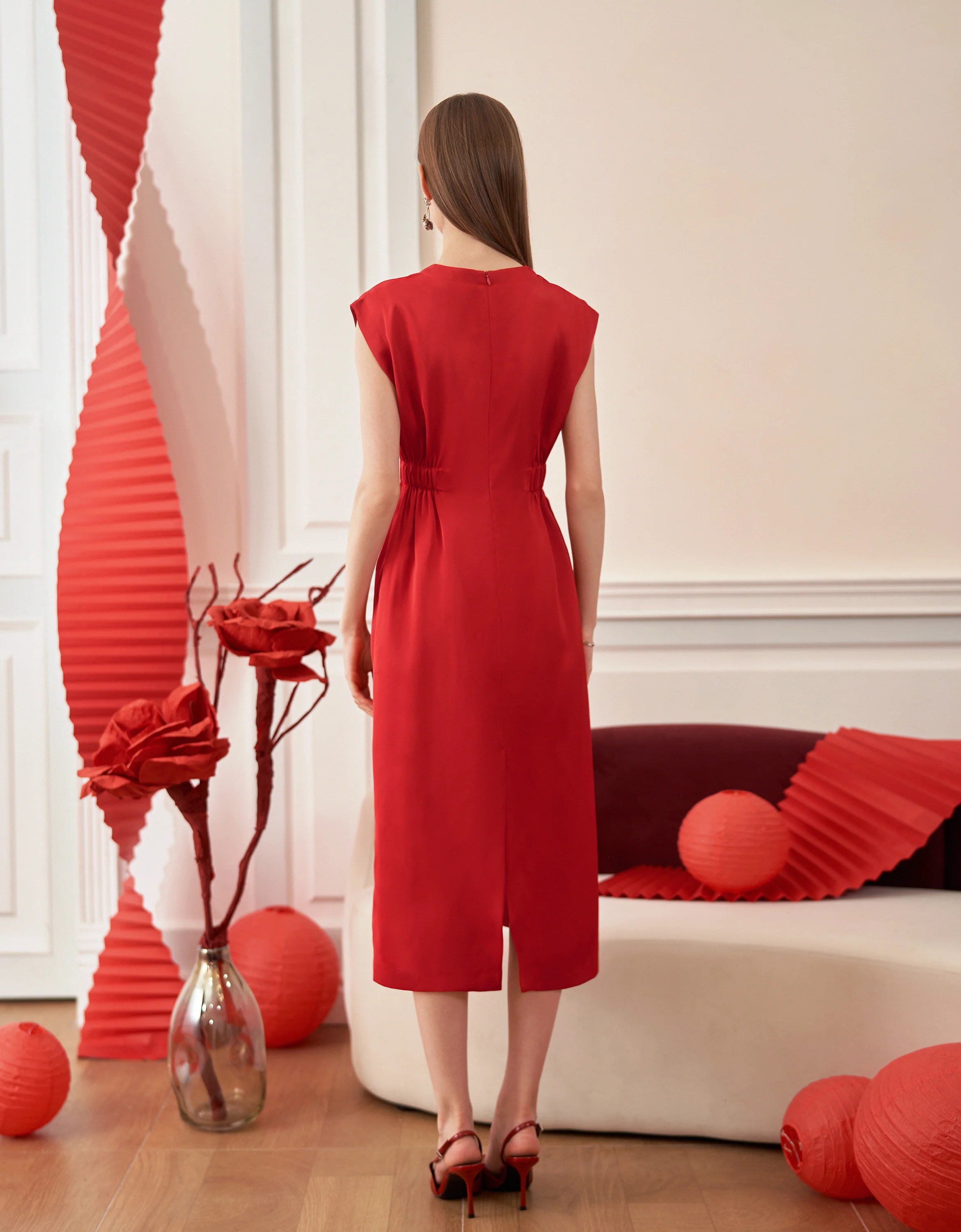 Elastic Waist Round Neck Midi Dress - Image 3