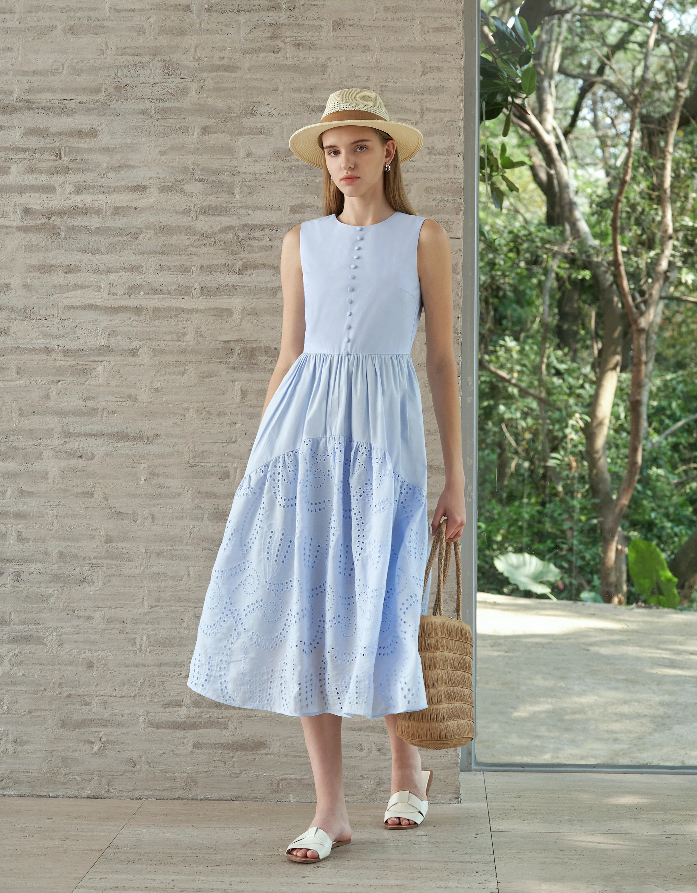 Embroidered Skirt Button Front Sleeveless Dress - Image 4