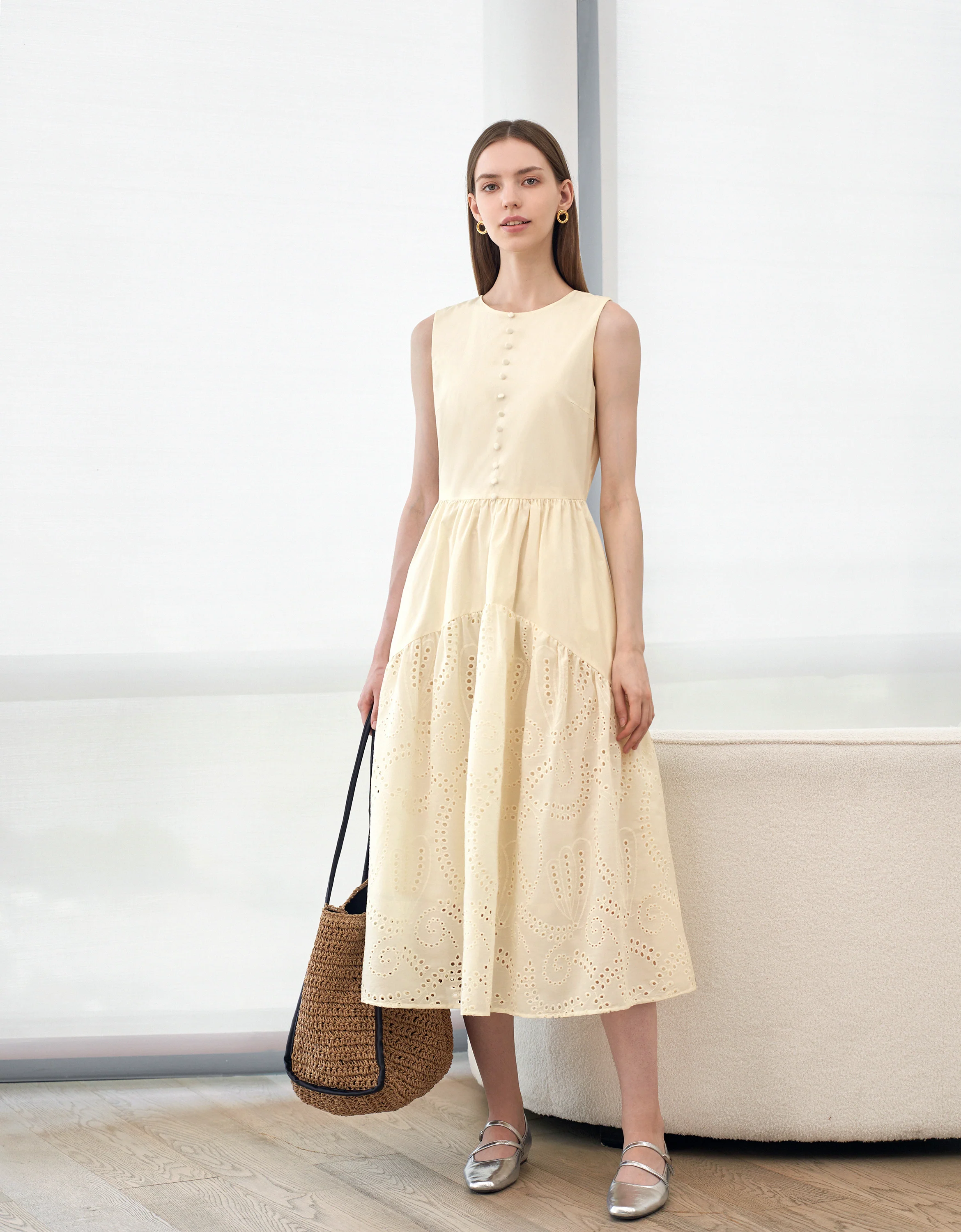 Embroidered Skirt Button Front Sleeveless Dress - Image 7