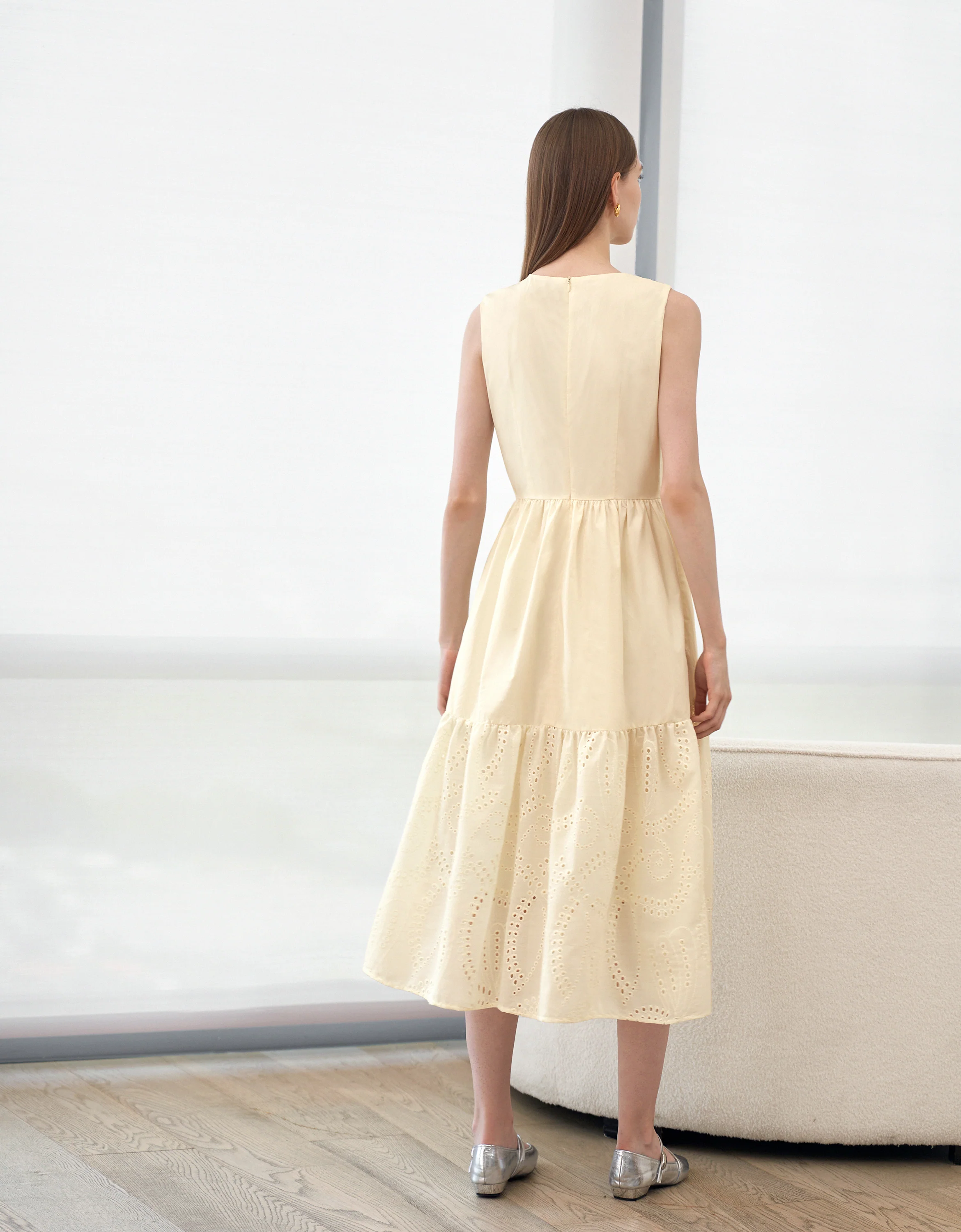 Embroidered Skirt Button Front Sleeveless Dress - Image 8