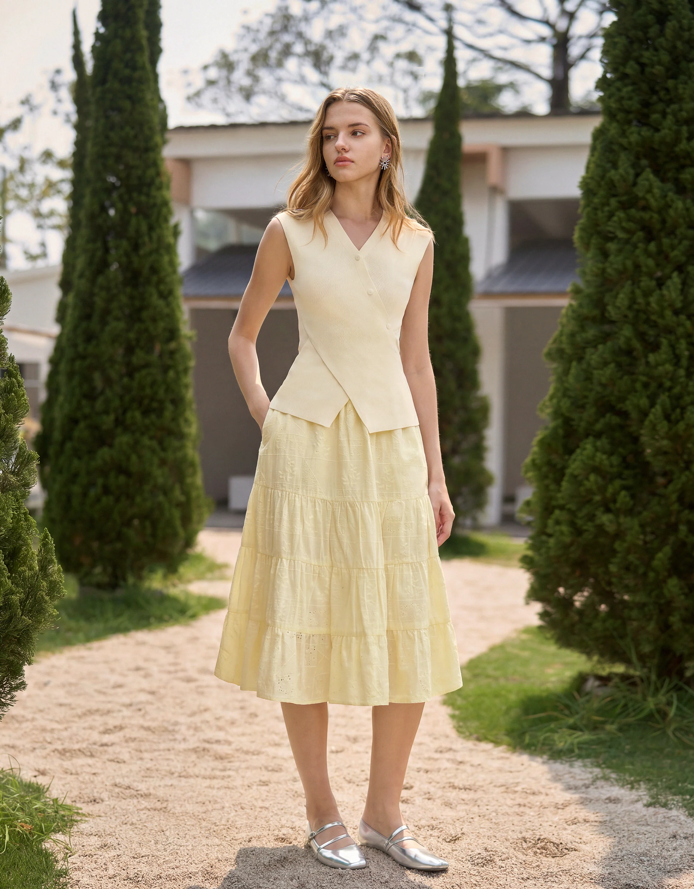 Embroidered Tiered Midi Skirt