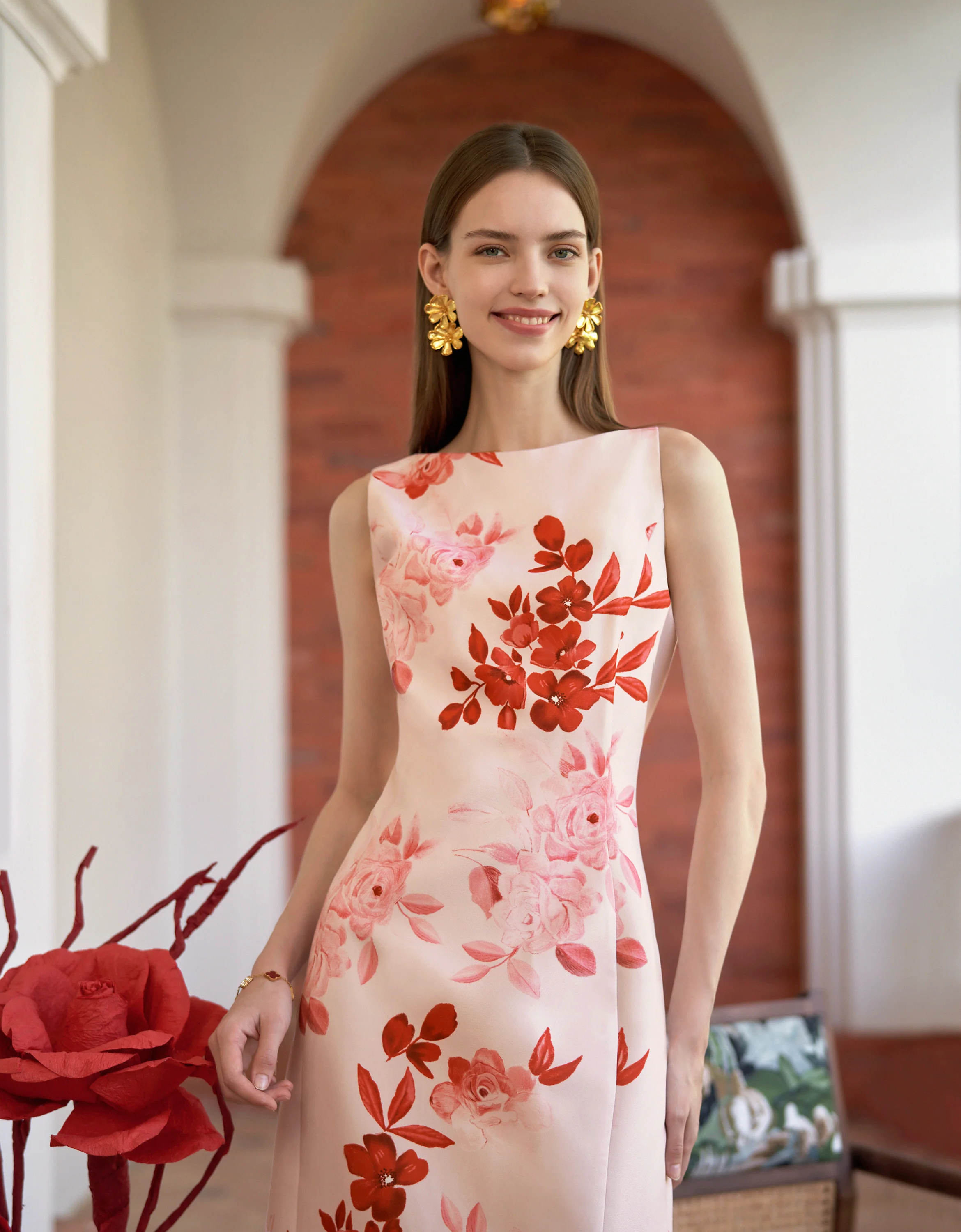 Exclusive Floral Print Boat Neck Sleeveless Dress - Image 4