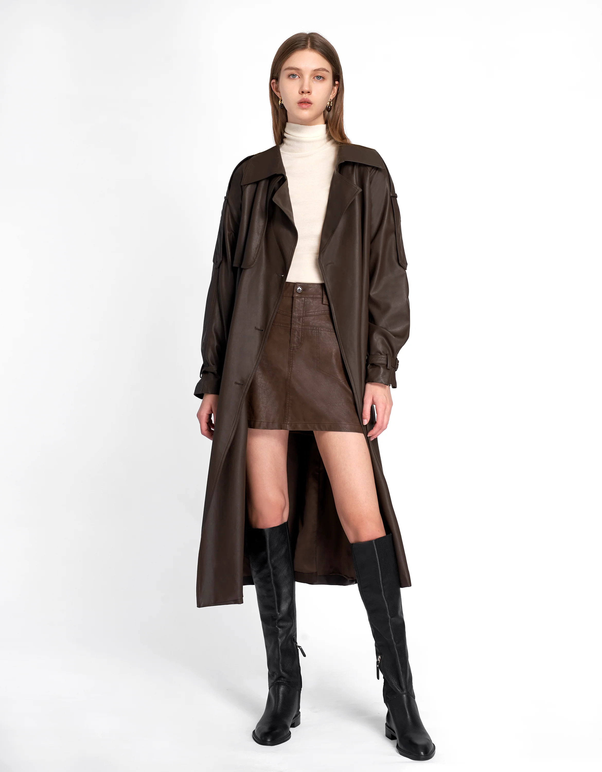 Faux Leather Double-breasted Trench Coat - Image 6
