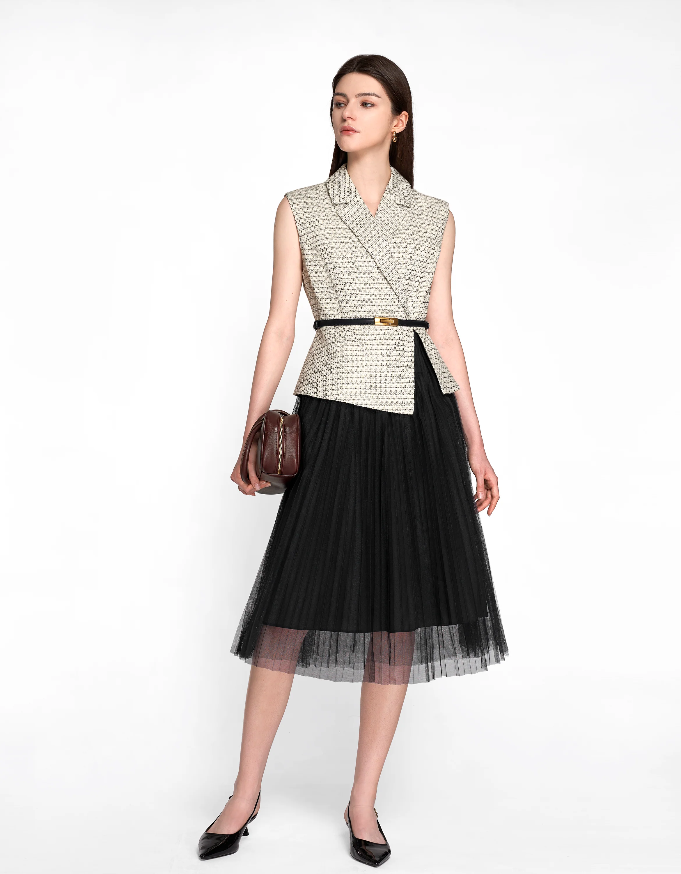Faux Two-piece Mesh Skirt Midi Dress - Image 3