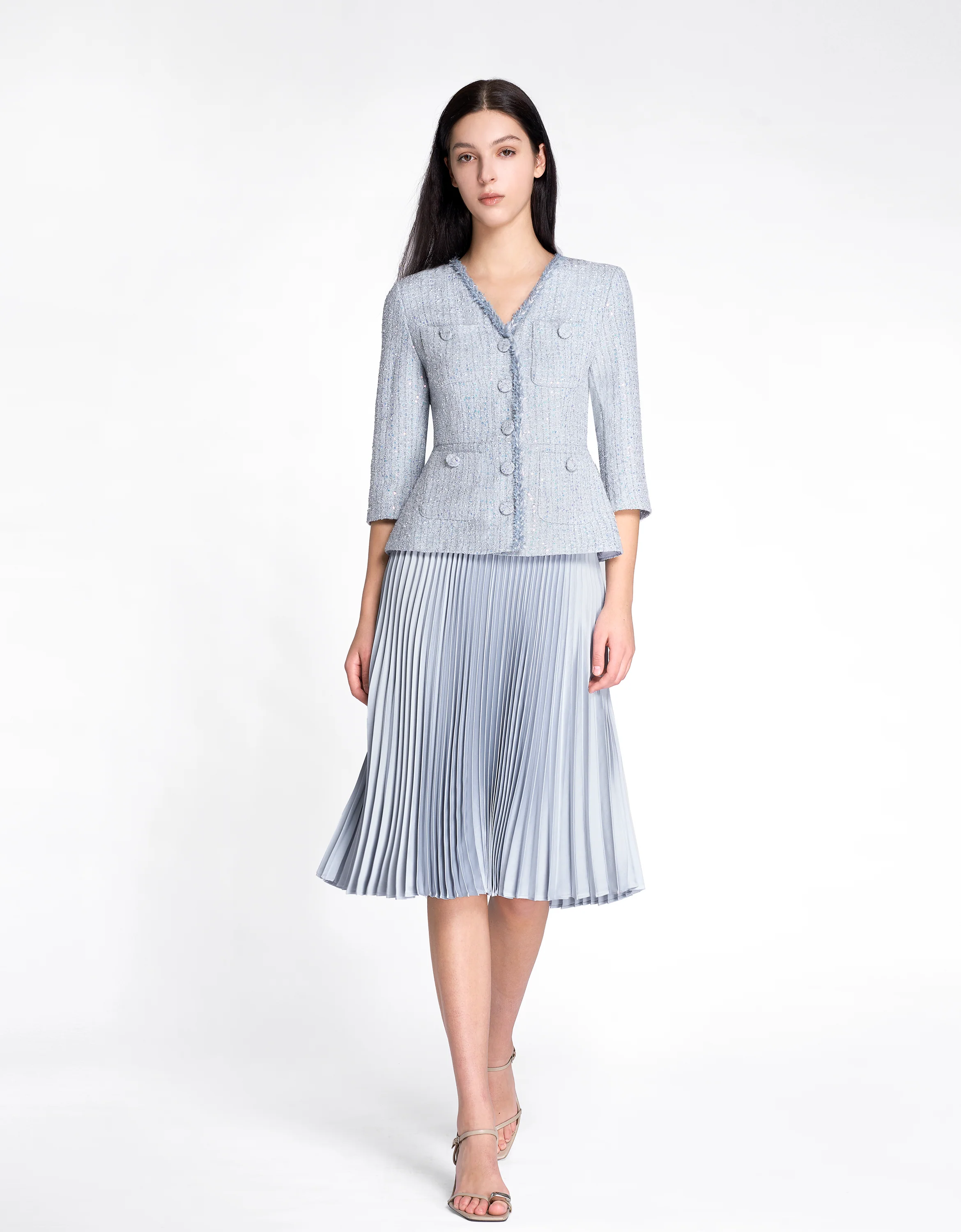 Faux Two-piece Pleated Skirt Sequined Tweed Dress - Image 3