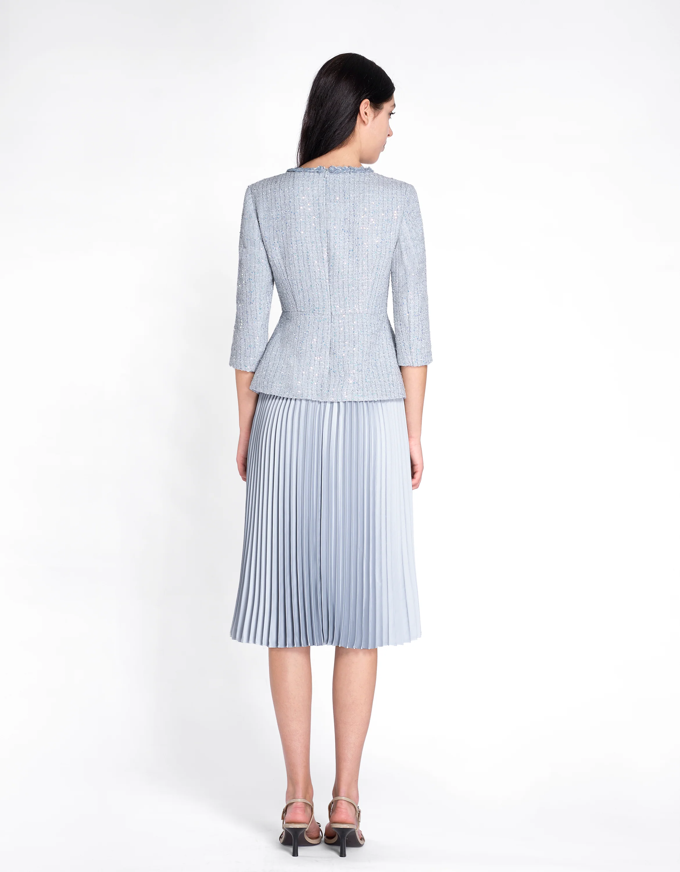 Faux Two-piece Pleated Skirt Sequined Tweed Dress - Image 4