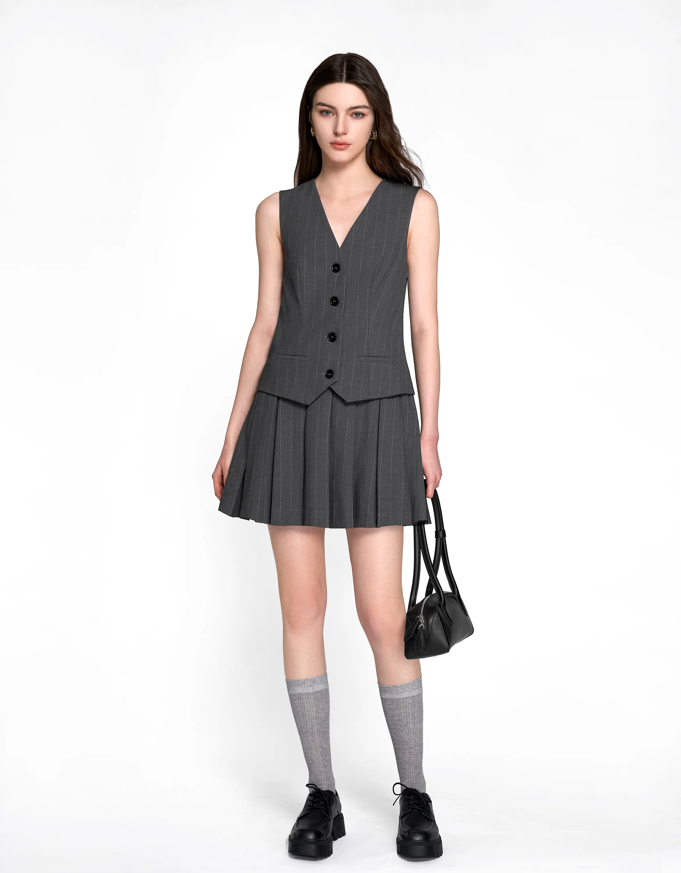 Faux Two-piece Pleated Skirt Vest Style Dress - Image 21