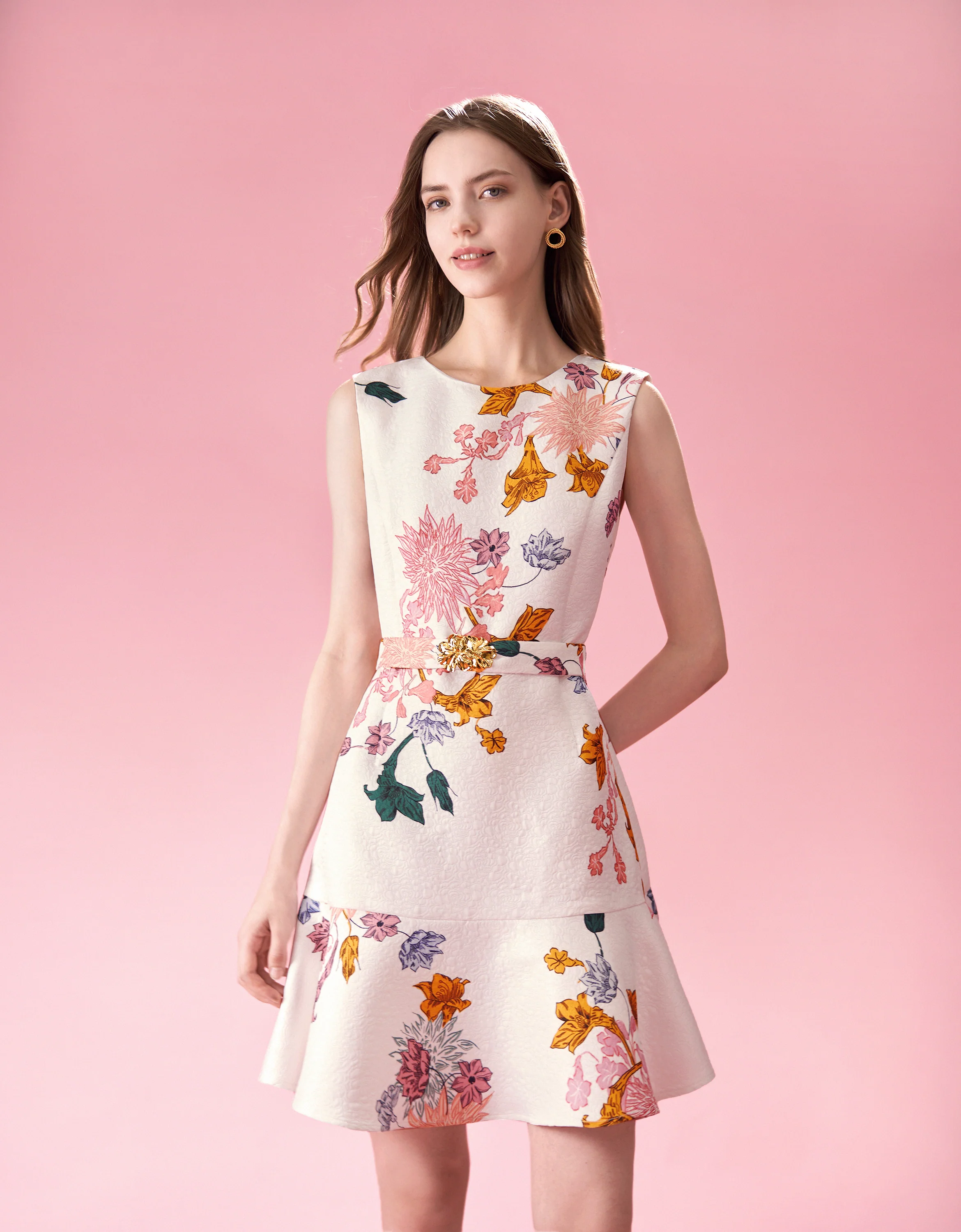 Flared Hem Floral Print Jacquard Dress - Image 4