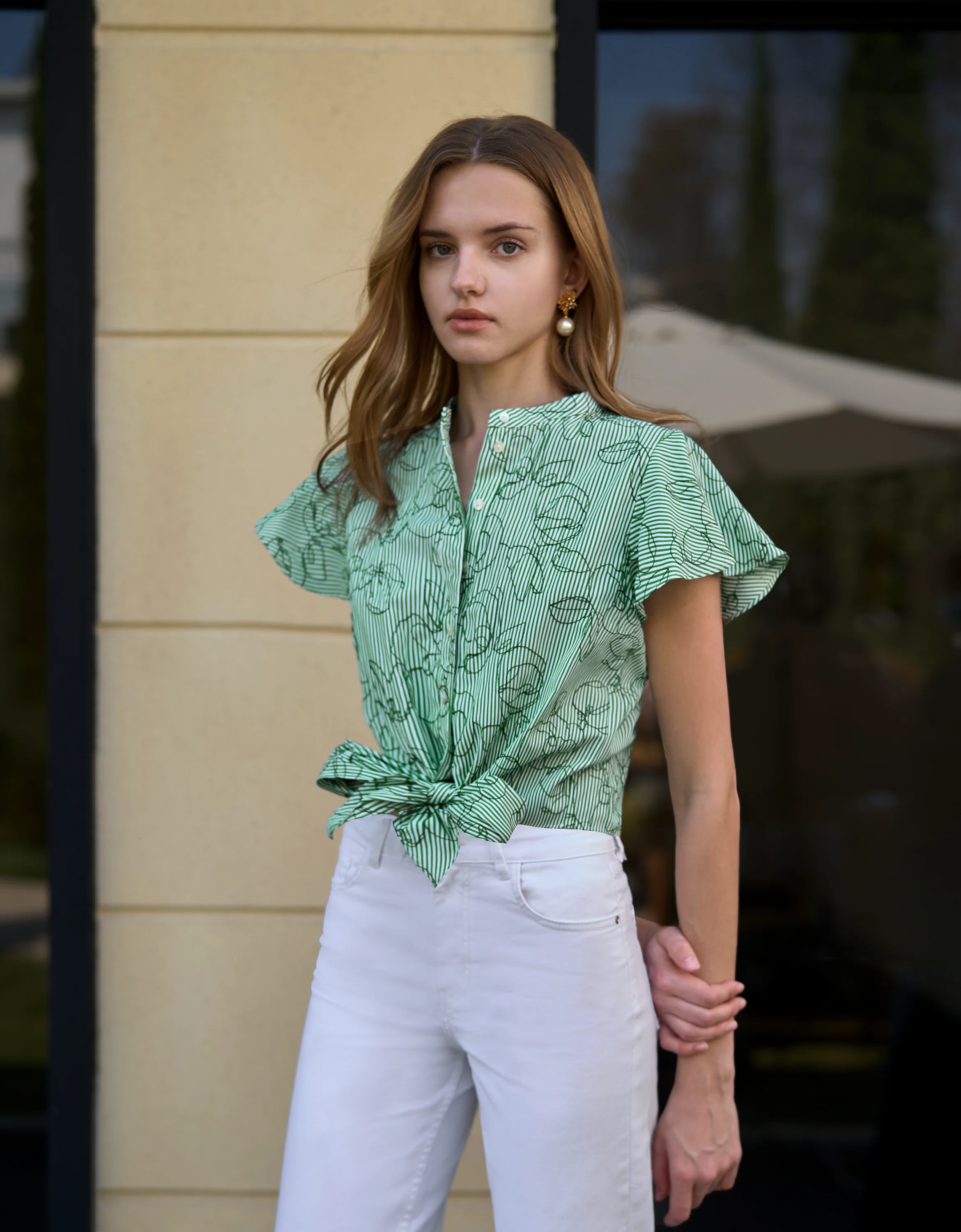 Floral Embroidery Waist Knot Striped Top - Image 10