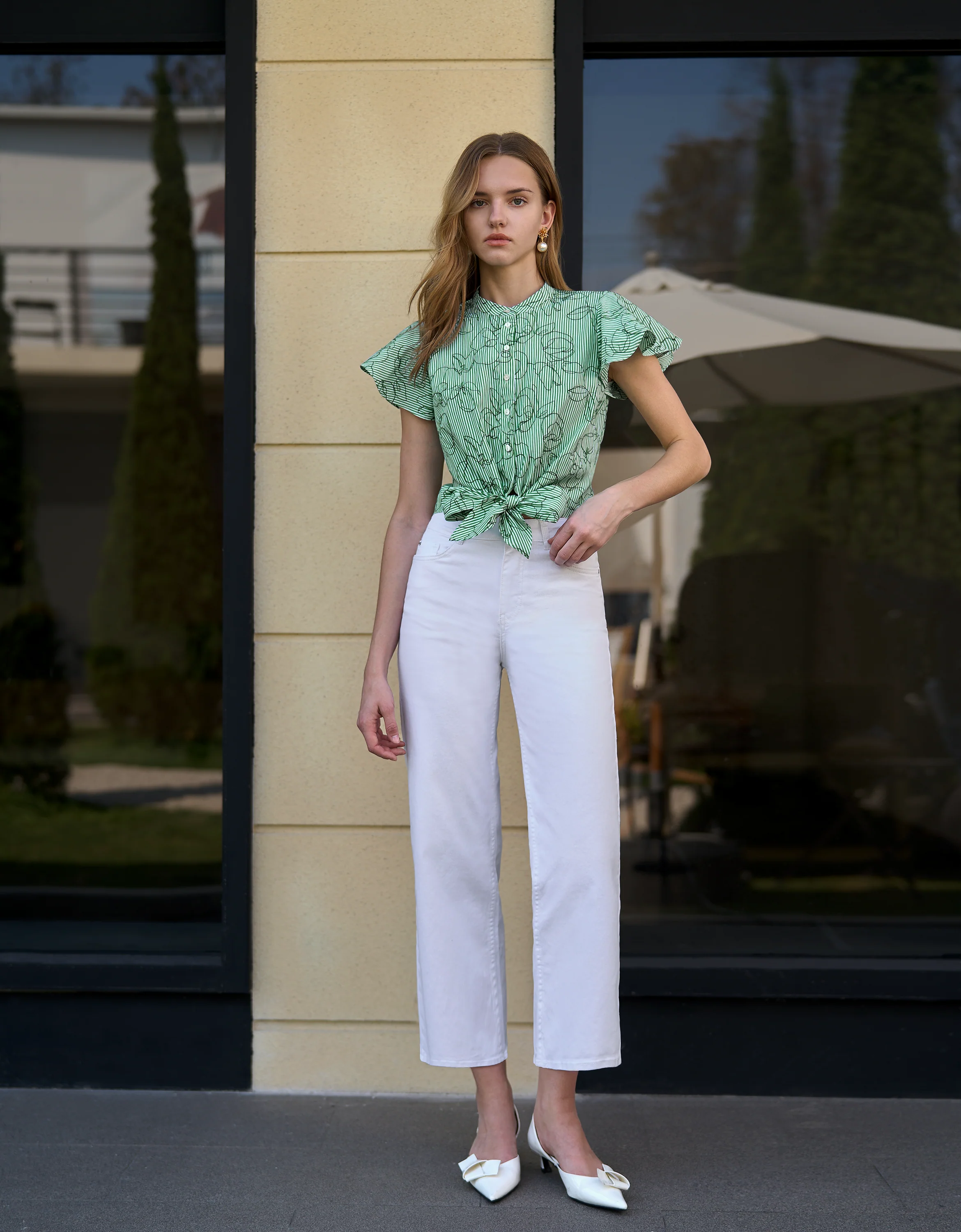 Floral Embroidery Waist Knot Striped Top - Image 12